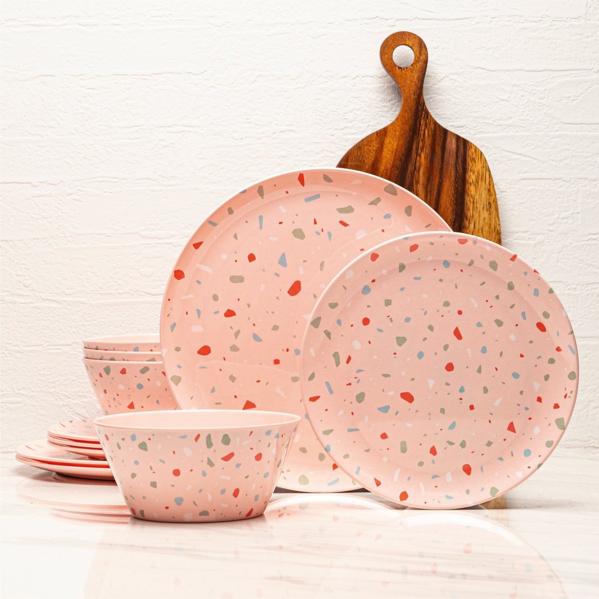 12-Piece Outdoor Dinnerware Set - Pink Confetti Design - Durable Melamine Plates, Bowls & Cups - Perfect for Picnics, BBQs, and Pool Parties