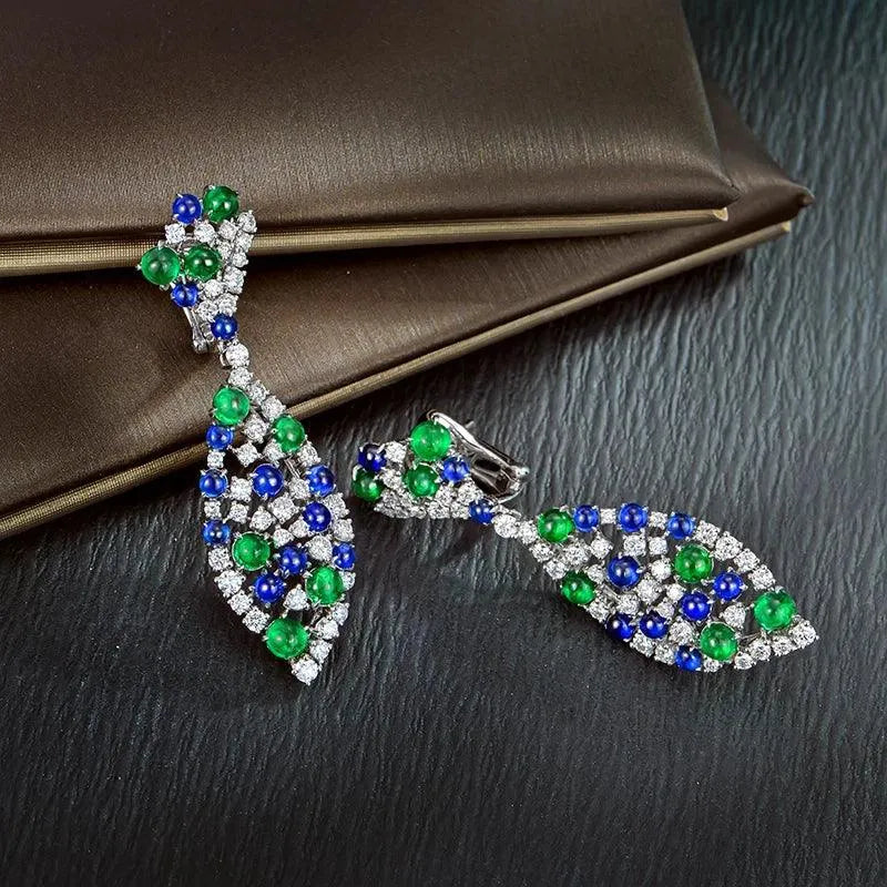 Natural 9.28ctw Cabochon Round Sapphire Emerald Diamond Earrings in 18K Gold - Vintage English Lock Design for Women - Perfect for Weddings, Parties & Special Occasions