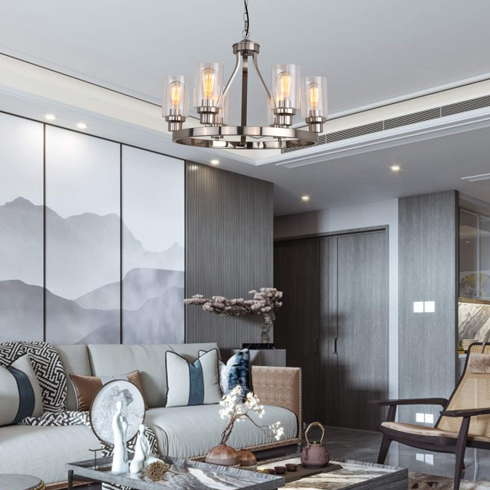 Modern 6-Light Brushed Nickel Chandelier with Glass Pendants - Elegant Dining Room Lighting Fixture for Kitchen, Living Room & Bedroom - Perfect for Family Dinners, Entertaining Guests & Cozy Home Decor