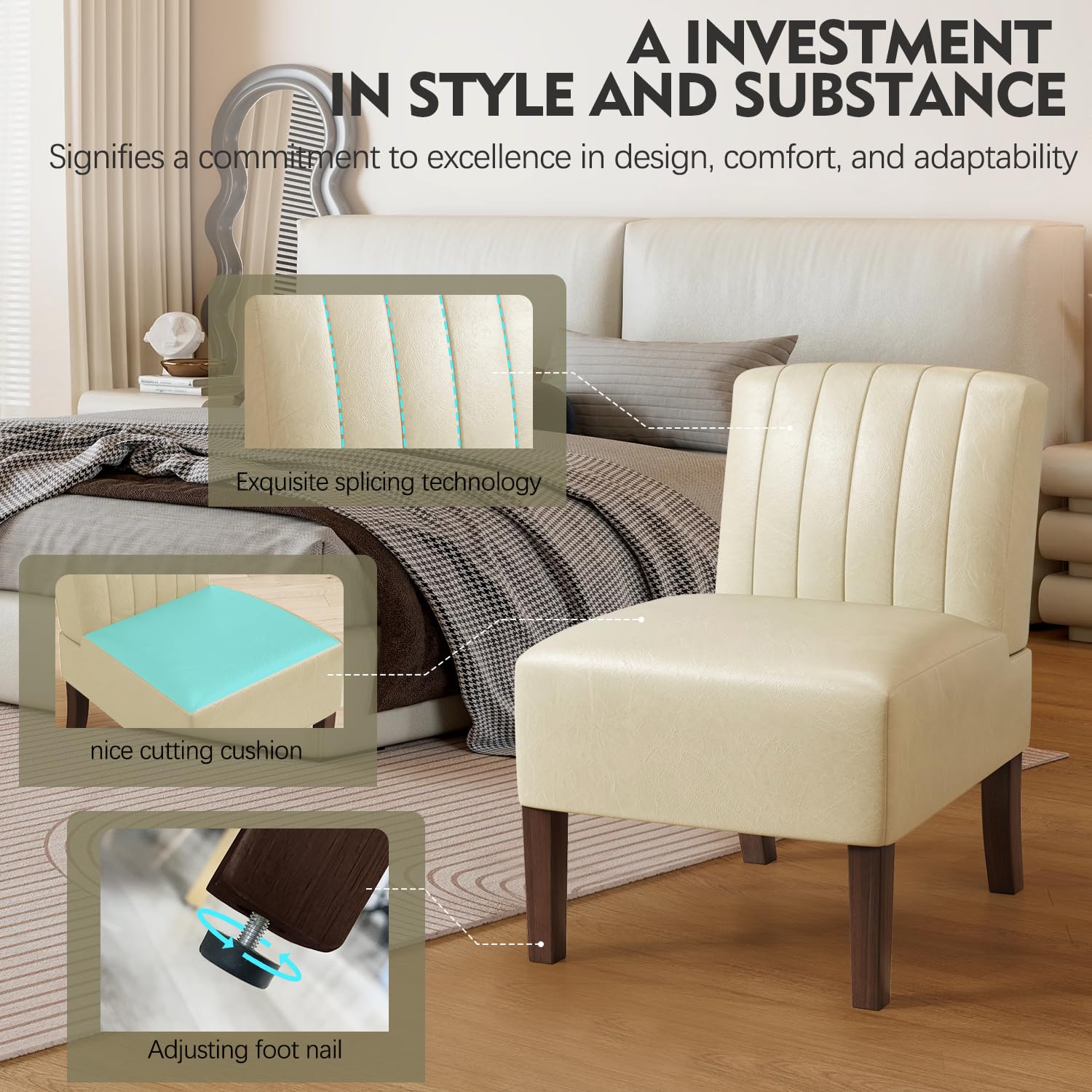 2 Pack Armless Accent Chairs - Upholstered Dining & Living Room Chairs with Solid Wood Legs, Beige Leather Reading Chairs for Bedroom, Vanity & Kitchen - Perfect for Small Spaces, Home Office & Cozy Corners