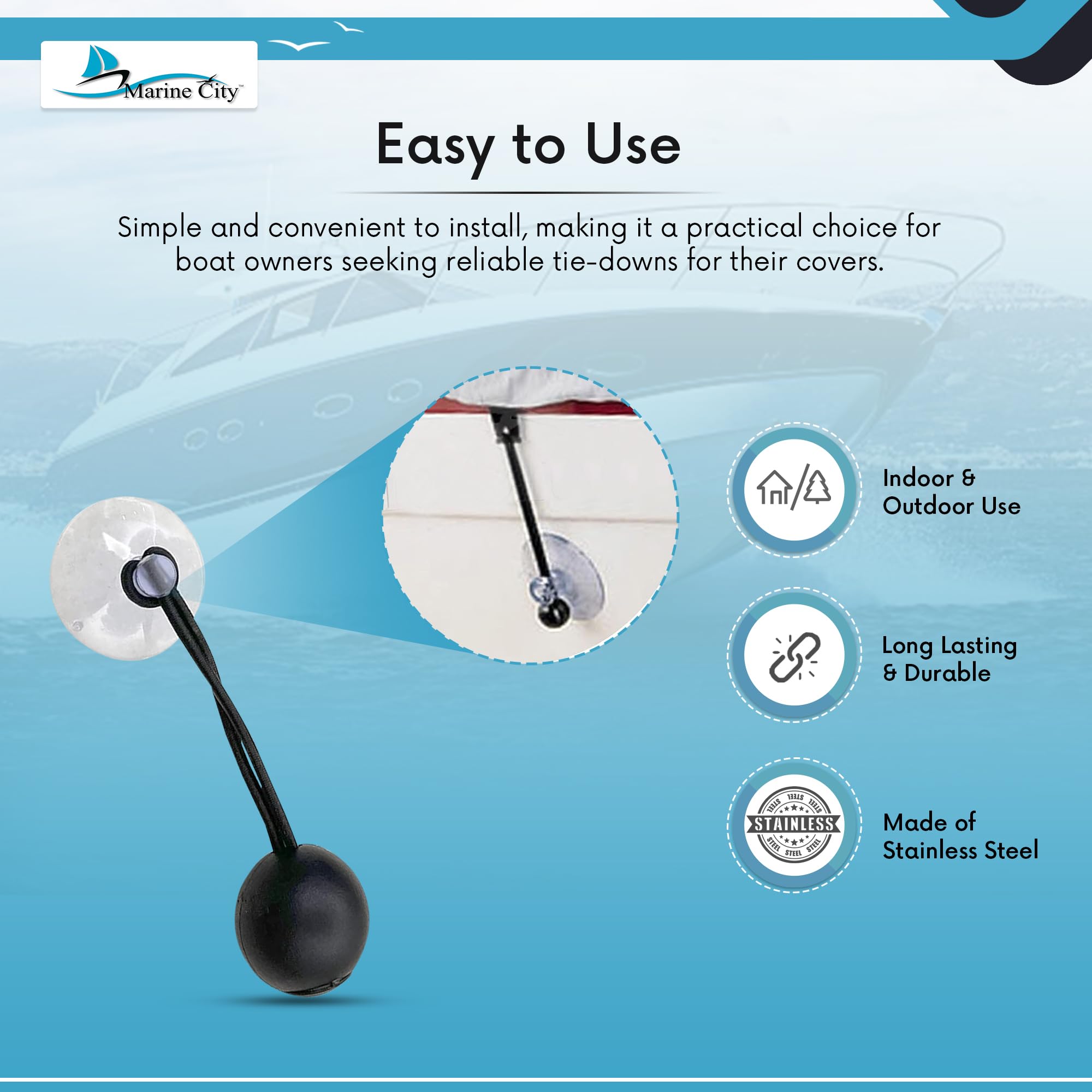 MARINE CITY Heavy Duty Bungee Cord with Suction Cups - 1.38 Inch Boat Cover Tie Downs (4 Pack) - Secure Boat Covers, Trailers & Storage - Perfect for Marine, RV & Outdoor Equipment Protection