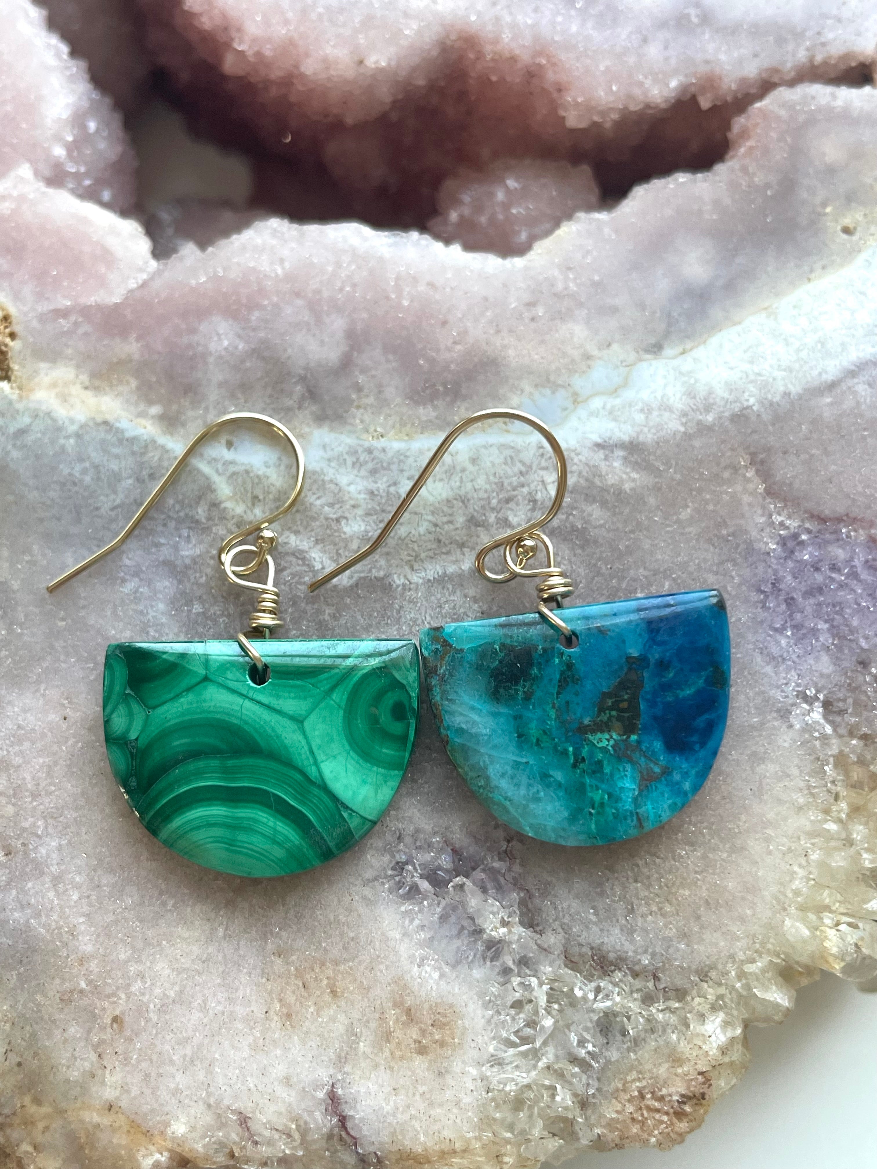 Unique Mismatched Earrings - Malachite & Chrysocolla Gemstone Dangle Earrings for Women | Boho Chic Jewelry for Parties, Weddings & Everyday Wear