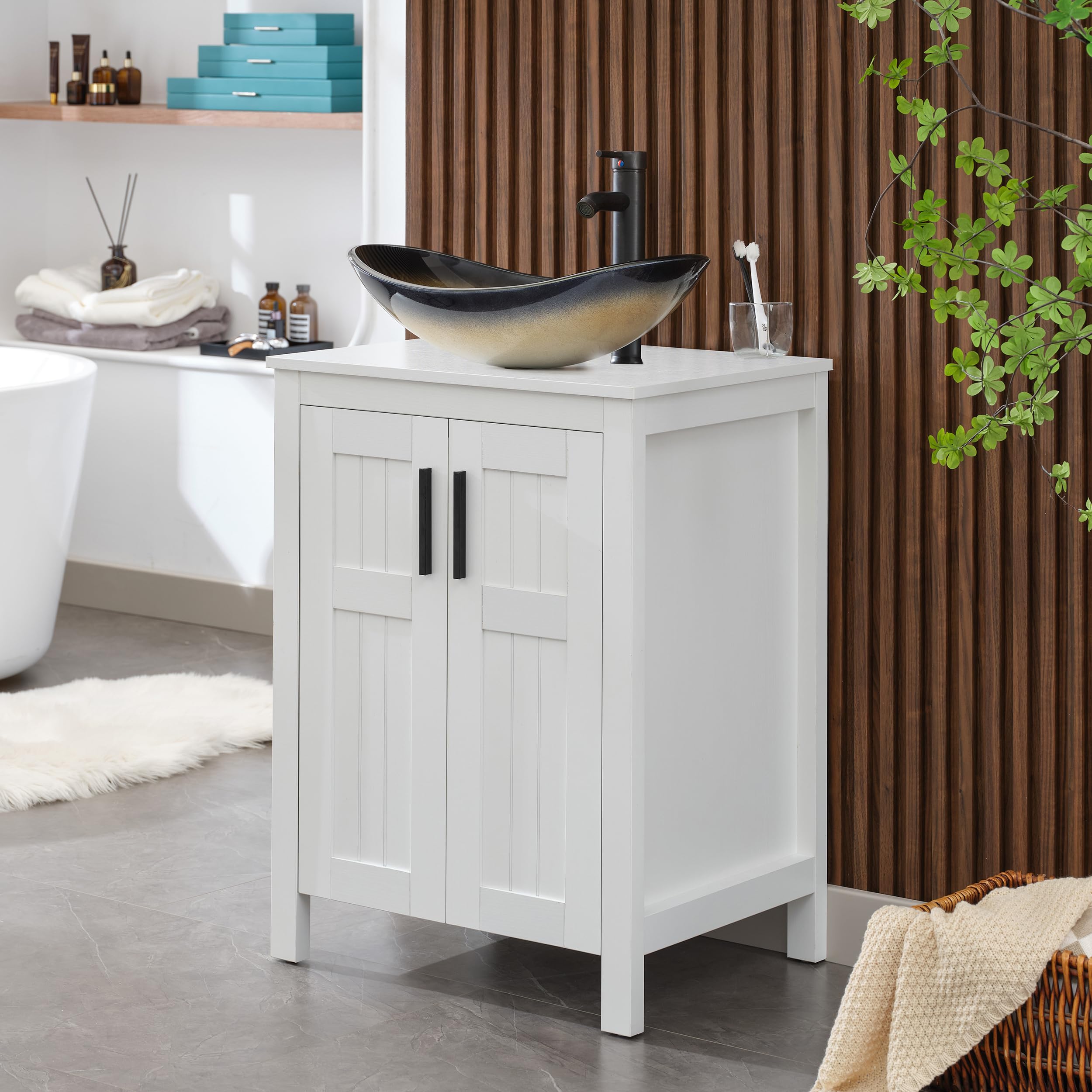 24 Inch White UEV Freestanding Bathroom Vanity with Champagne Boat Glass Vessel Sink - Modern Double Door Vanity Cabinet with Grooved Design & Metal Handles - Perfect for Small Bathrooms, Powder Rooms & Contemporary Home Decor