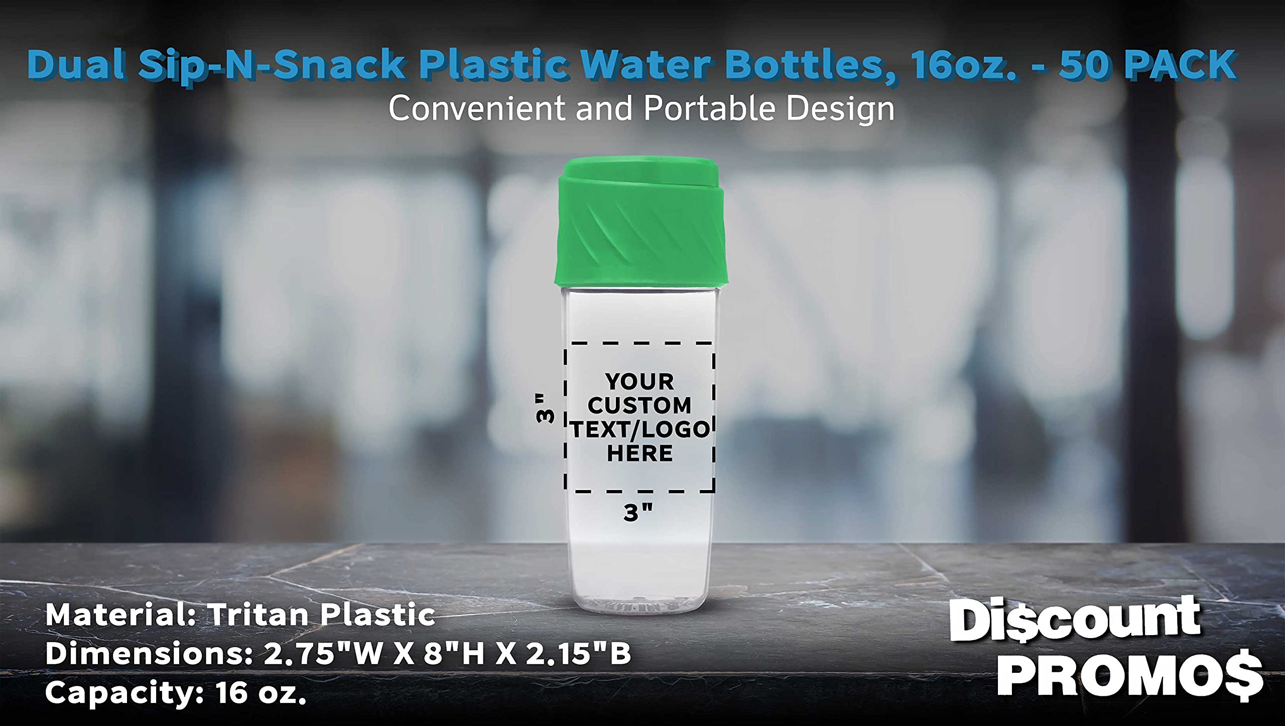 50 Pack 16oz BPA-Free Dual Sip-N-Snack Plastic Water Bottles with Screw-On Lids - Customizable Text & Logo - Bulk Reusable Drinkware for Schools, Sports Teams, Corporate Events & Outdoor Activities