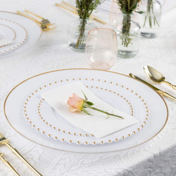 32-Pack White and Gold Round Plastic Dinnerware Set for 16 Guests - Elegant Beaded Design - Perfect for Weddings, Parties, and Special Events