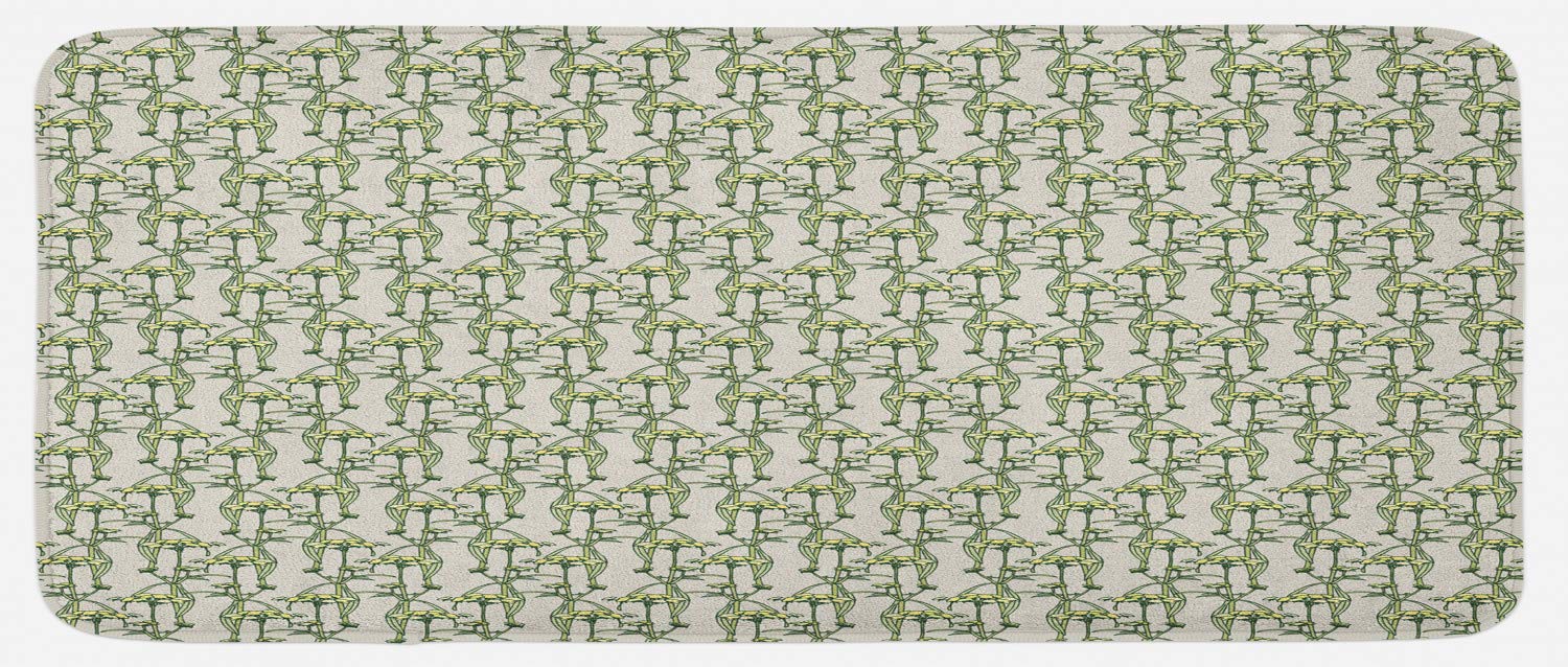 Ambesonne Floral Kitchen Mat - Non-Slip Plush Decorative Rug with Vintage Garden Art Design, 47x19 Inches in Pale Green & Yellow | Perfect for Kitchens, Entryways, and Laundry Rooms