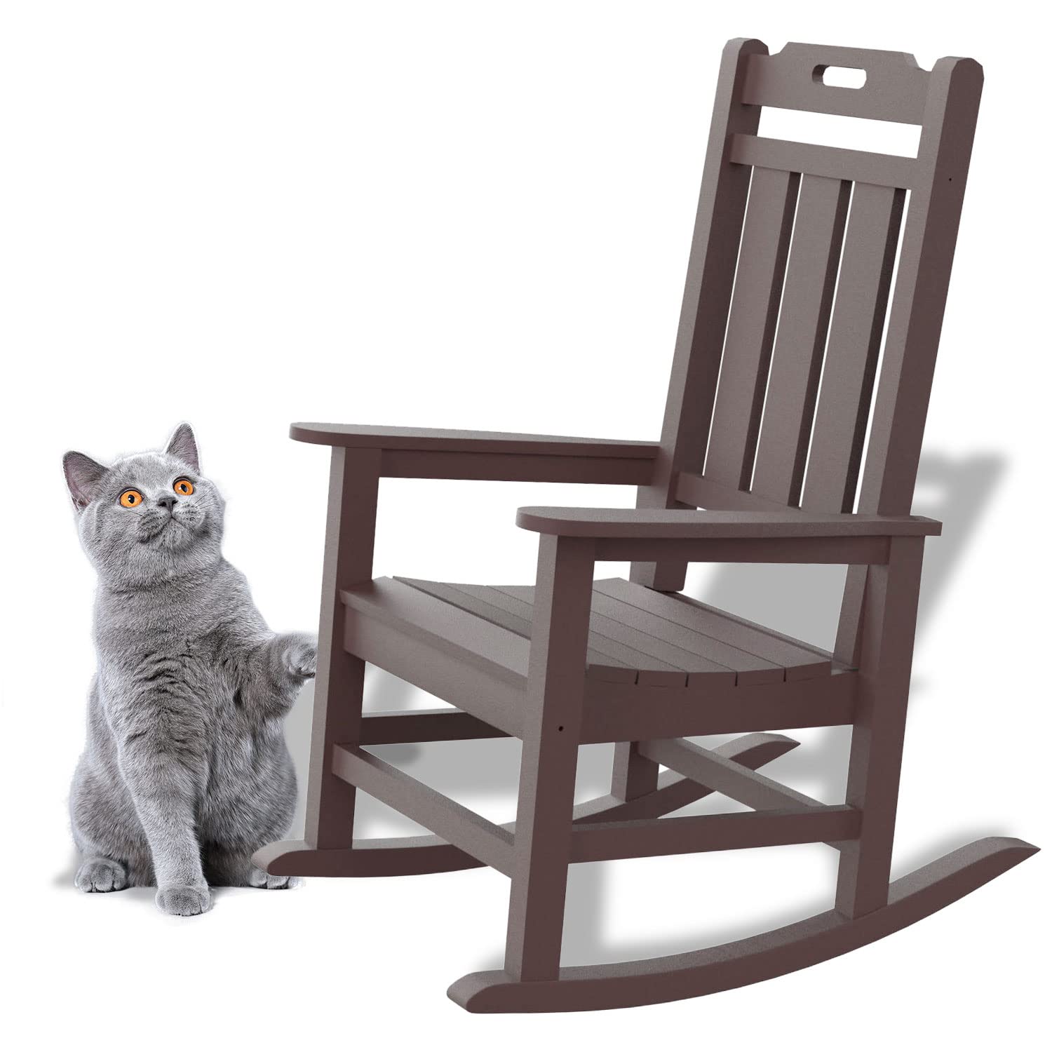 **Kevinplus Outdoor Rocking Chair - Weather-Resistant Patio Rocker for Garden, Backyard, Porch & Lawn - Modern Tall Adirondack Chair (Brown) - Perfect for Relaxing, Sunbathing & Outdoor Lounging**