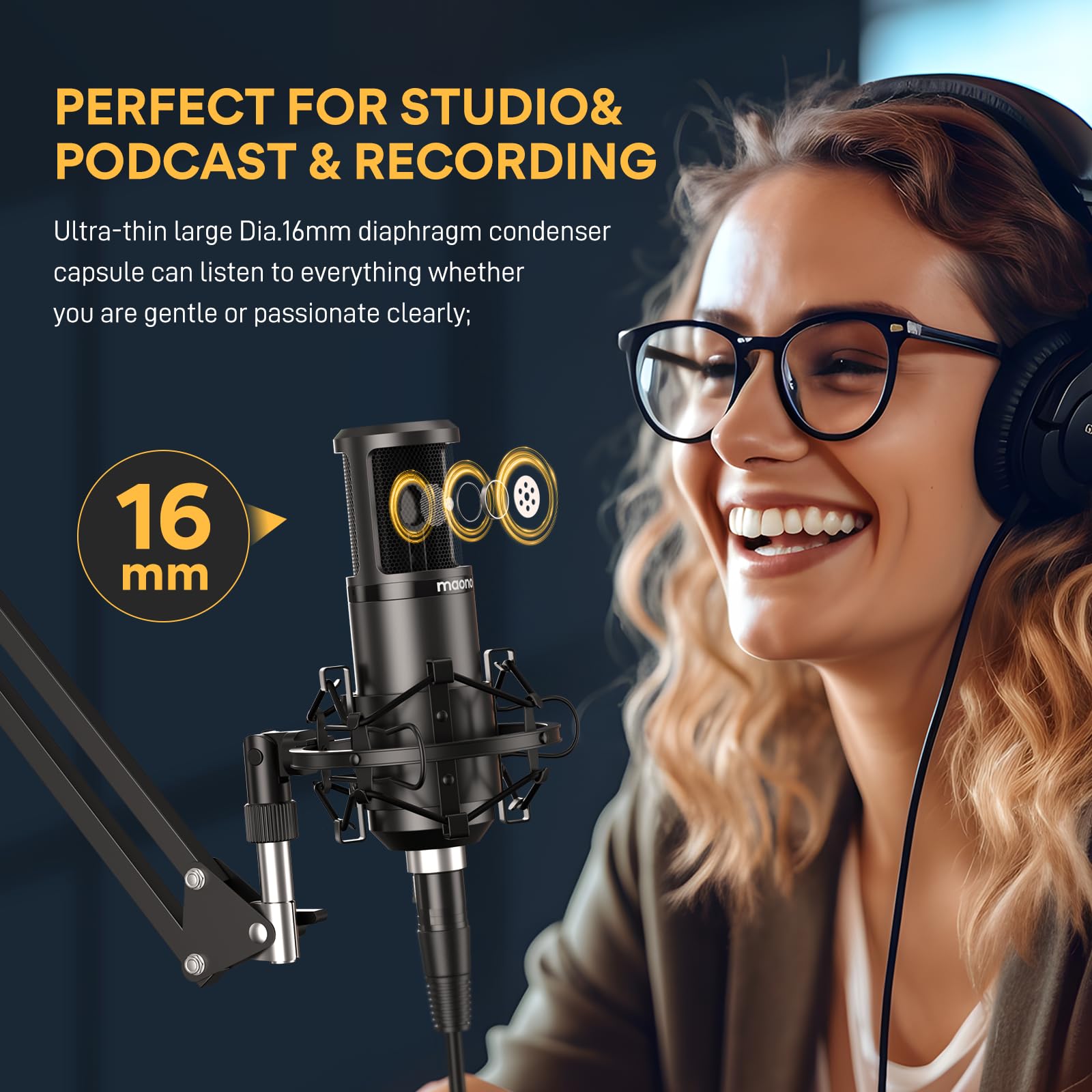 MAONO XLR Condenser Microphone - Professional Cardioid Studio Recording Mic with 50MM Drivers & Studio Headphones (AU-MH601) for Streaming, Podcasting, Singing, Voice-Over, Vocal Recording, Home Studio, YouTube, Skype - Perfect for Content Creators & Musicians