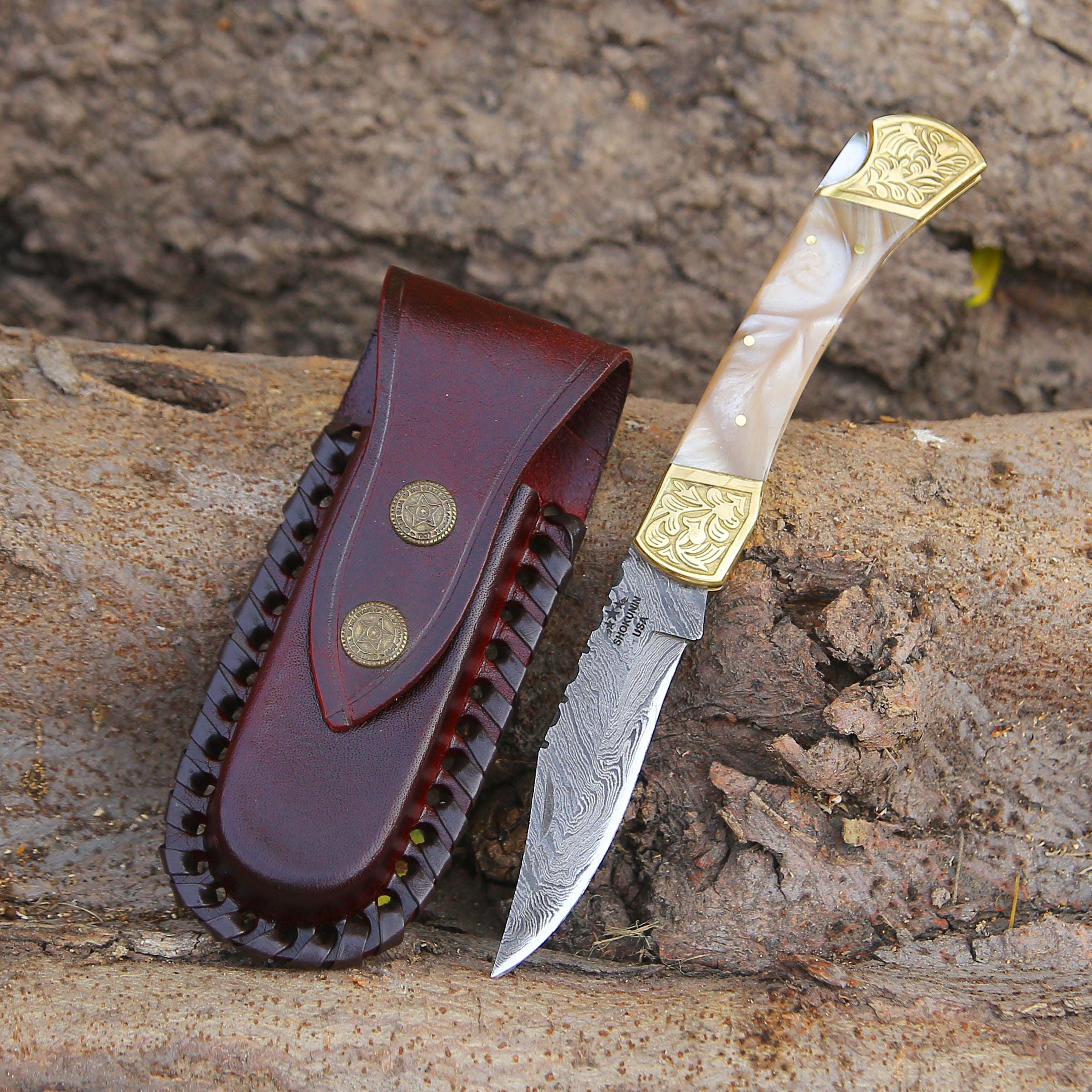 Premium Handmade Damascus Steel Pocket Knife - Thunderblade Folding Knife with Genuine Leather Sheath & Mother of Pearl Resin Handle - Perfect for Camping, Hunting, Outdoor Adventures & Everyday Carry (EDC)