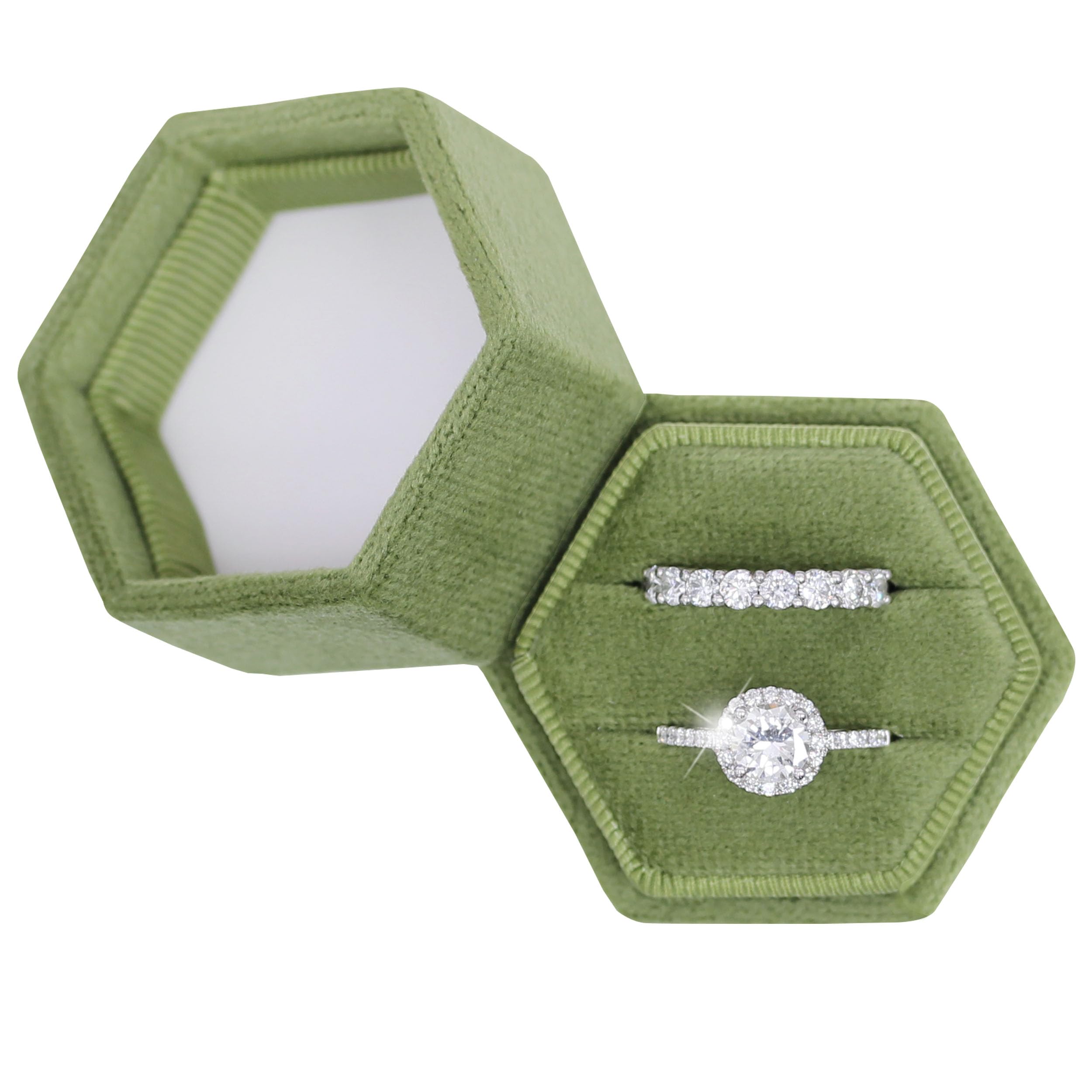 Hexagon Velvet Jewelry Ring Box - 2 Slots Engagement Ring Holder with Detachable Lid for Wedding Proposal & Ceremony (Olive Green) | Perfect for Engagement Gifts, Wedding Accessories & Romantic Surprises