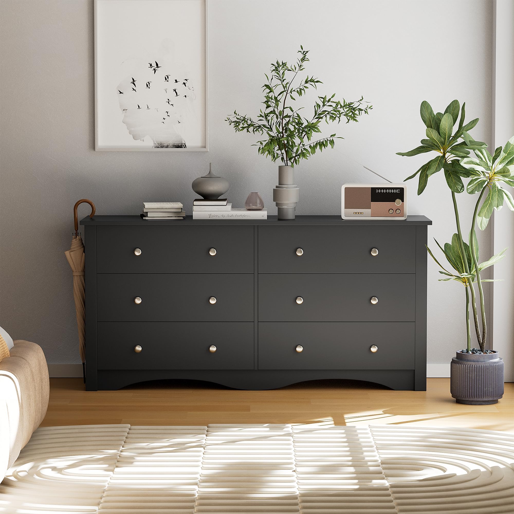Flamaker 6-Drawer Wooden Dresser for Bedroom - Modern Wide Storage Chest with Anti-Tip Safety, Black - Perfect for Bedroom Organization, Living Room Storage & Entryway Furniture
