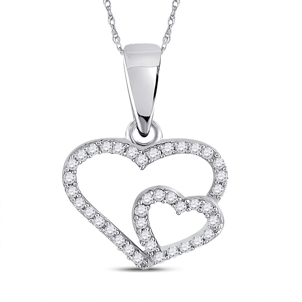 10K White Gold Women's Round Diamond Double Heart Pendant Necklace - 1/10 CTTW, Elegant Gift for Valentine's Day, Anniversary & Special Occasions