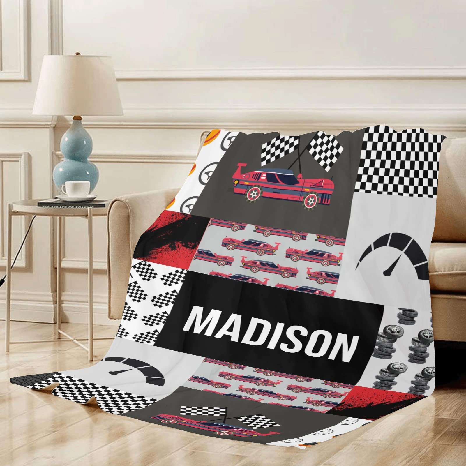 Personalized Deven Race Car Throw Blanket - Custom Name Blanket for Women, Men & Kids - 50x60 Inch Soft Fleece Blanket for Bed, Couch & Gifts - Perfect for Birthday Presents, Nursery Decor & Cozy Movie Nights