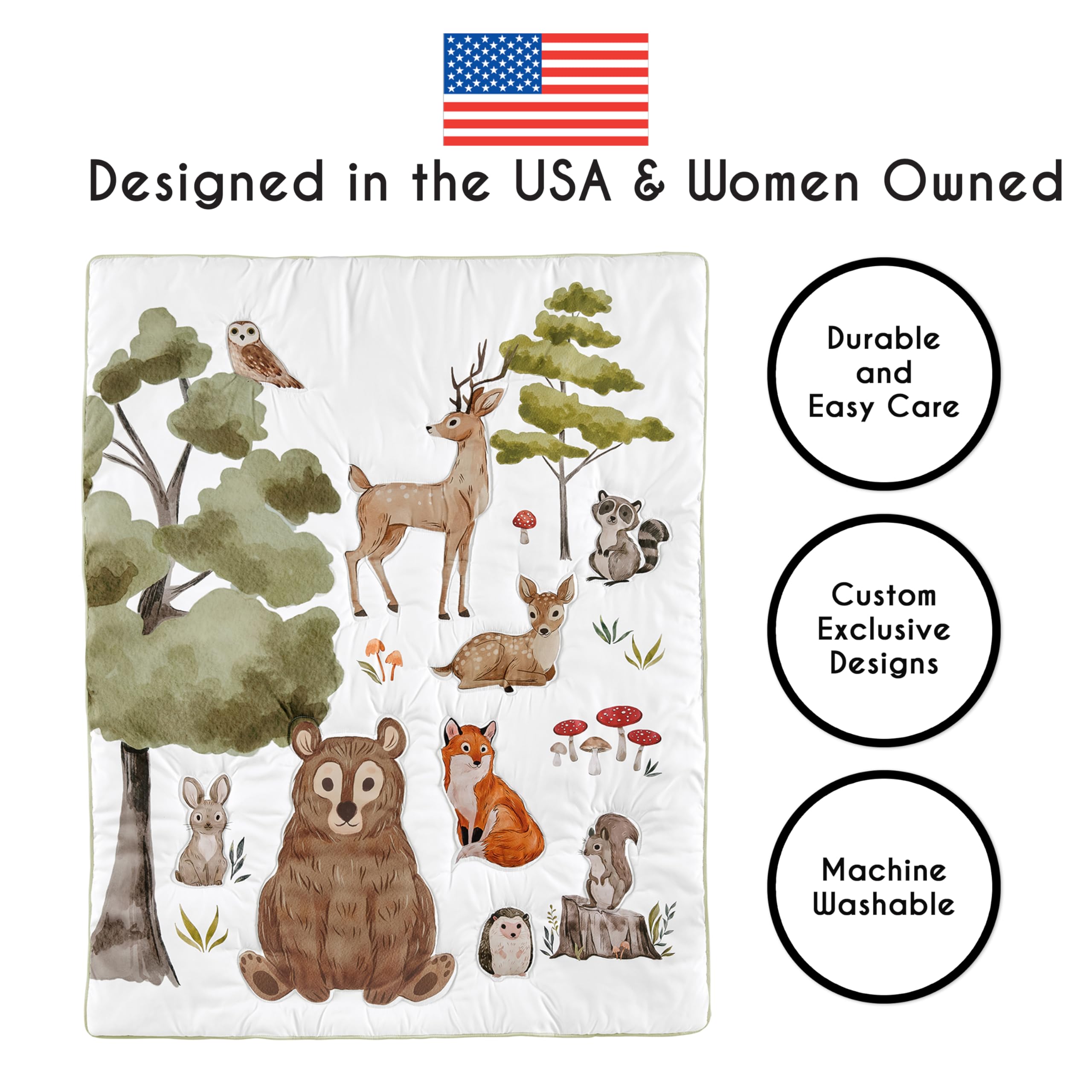 Sweet Jojo Designs 4-Piece Baby Crib Bedding Set - Woodland Animals Nursery Set for Boys & Girls (Blanket, Fitted Sheet, Skirt, Diaper Stacker) | Neutral Forest Theme with Bear & Hedgehog | Perfect for Newborn Nursery Decor & Baby Shower Gifts