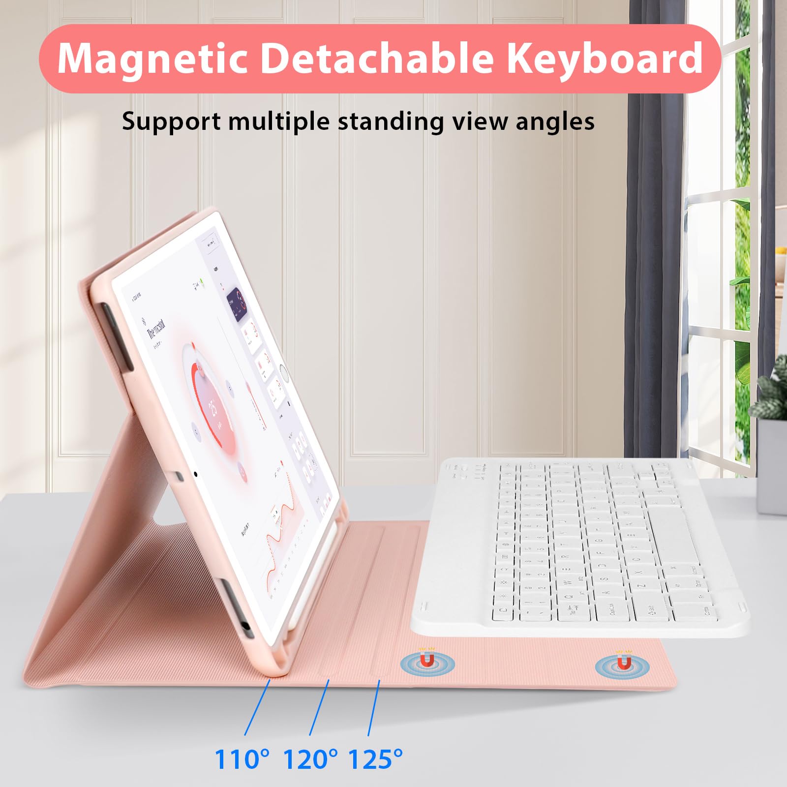 Eocean Bluetooth Keyboard Case for iPad 9.7 Inch (6th/5th Gen 2018/2017, iPad Air 2, iPad Pro 9.7 2016) - Detachable Backlit Keyboard with 7 Colors, 2 Bluetooth Channels, Stain-Resistant Protective Cover in Pink - Perfect for Work, Study & Travel