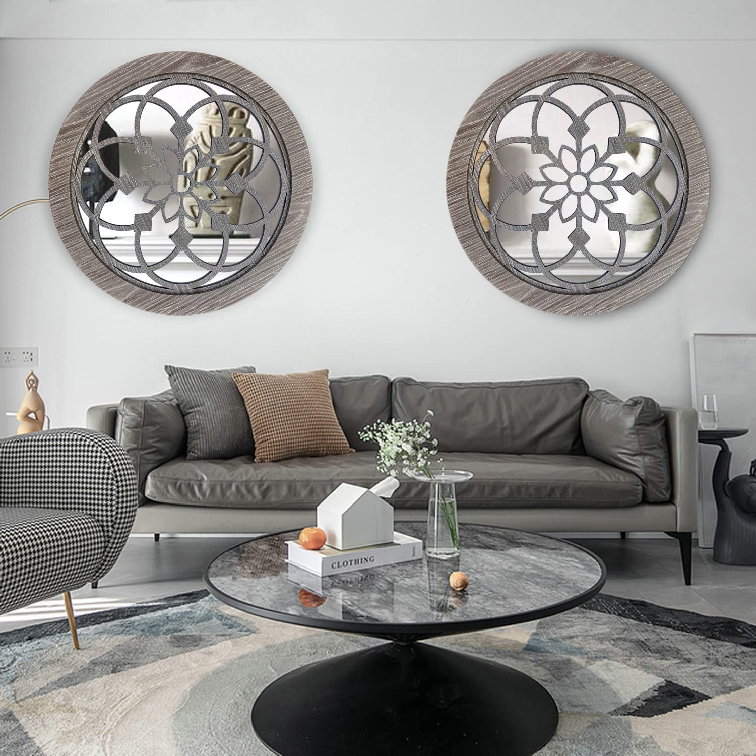 Wocred 2-Pack 20 Inch Round Wall Mirror - Rustic Farmhouse Decor, Barn Wood Frame - Perfect for Bathroom, Bedroom, Living Room & Entryway Decor | Home Renovation & Interior Design Accent Piece