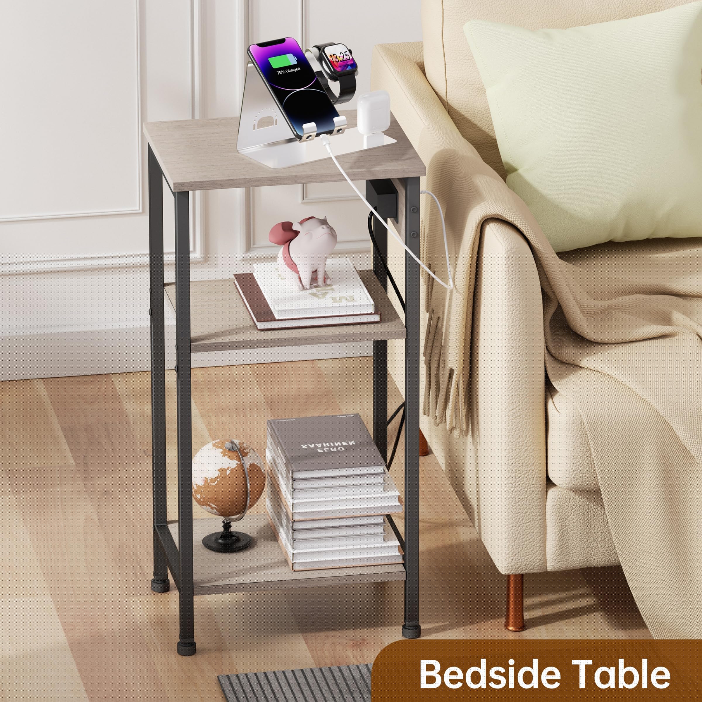 3-Tier Tall End Table with USB Charging Station, Adjustable Shelf & Narrow Design - Nightstand for Bedroom, Side Table for Living Room, Office Desk Organizer - Perfect for Small Spaces & Modern Home Decor (Greige)