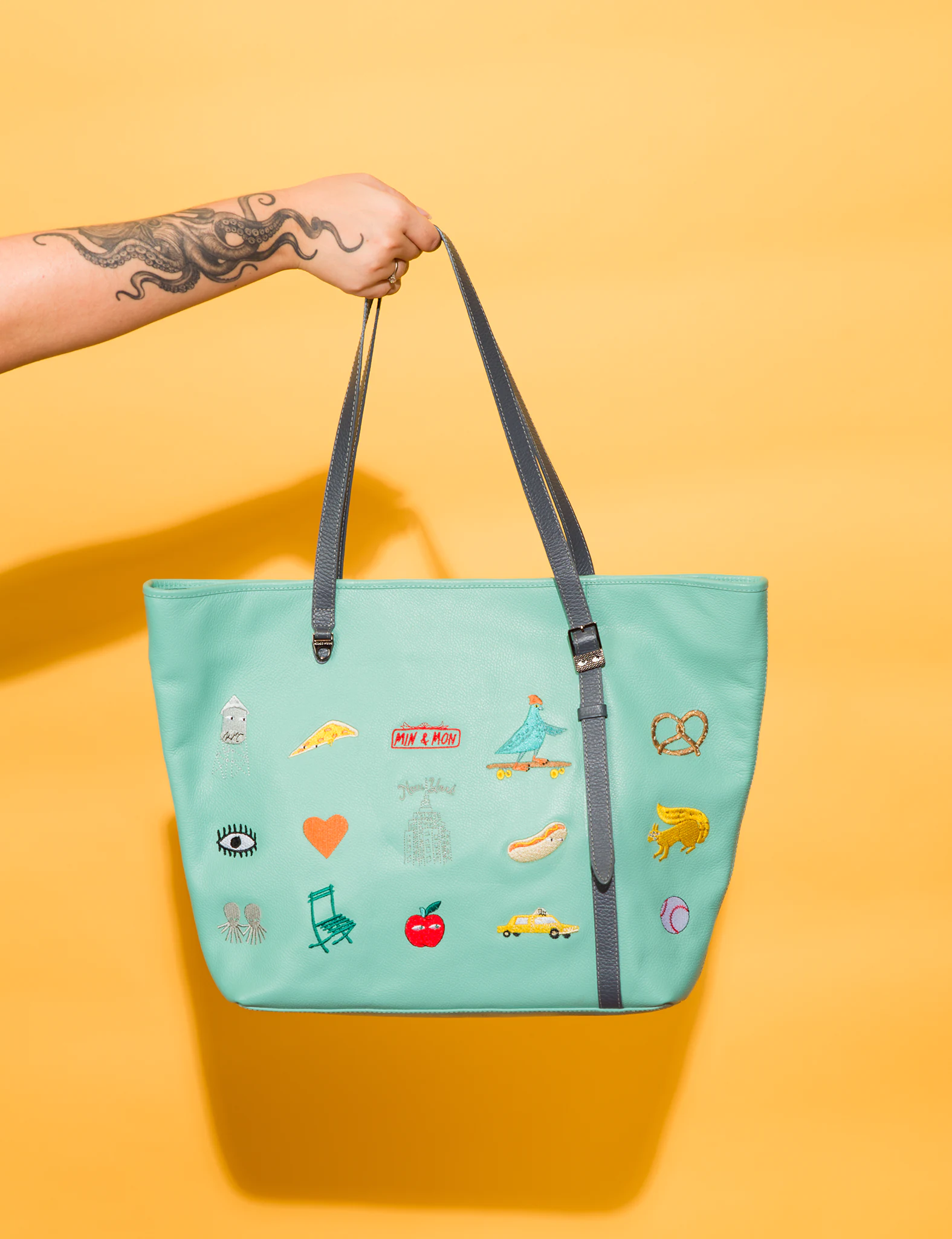 Bruno Oceanic Green Leather Tote Bag with Eye Love New York Embroidery - Stylish & Durable Handbag for Work, Travel & Everyday Use