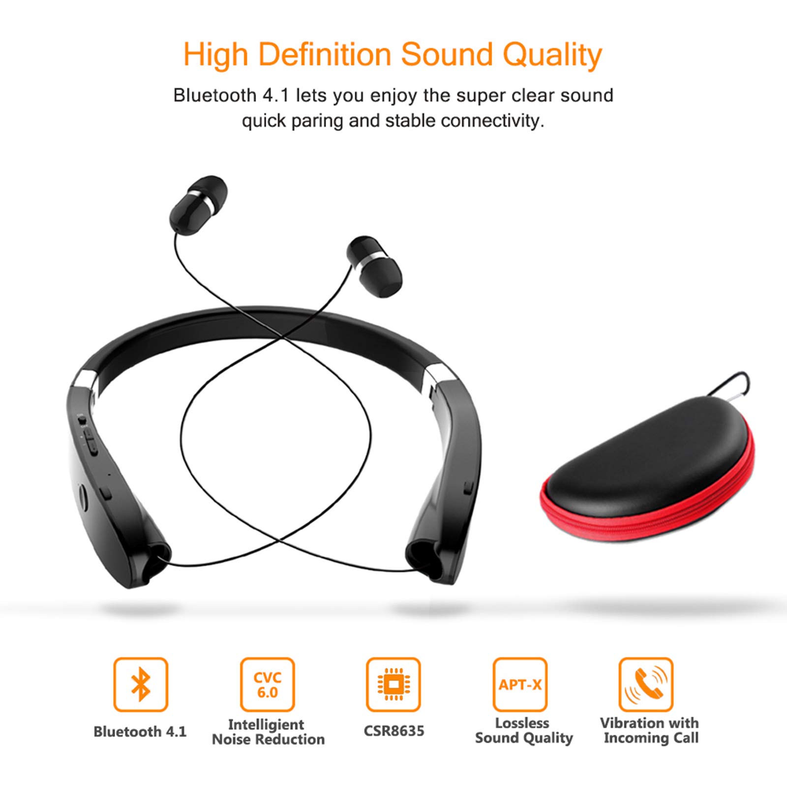 Beartwo Foldable Bluetooth Headphones - Lightweight Wireless Neckband Headset with Noise Cancelling for Running, Gym & Sports | Retractable Design with Carry Case | Perfect for Workouts, Commuting & Travel