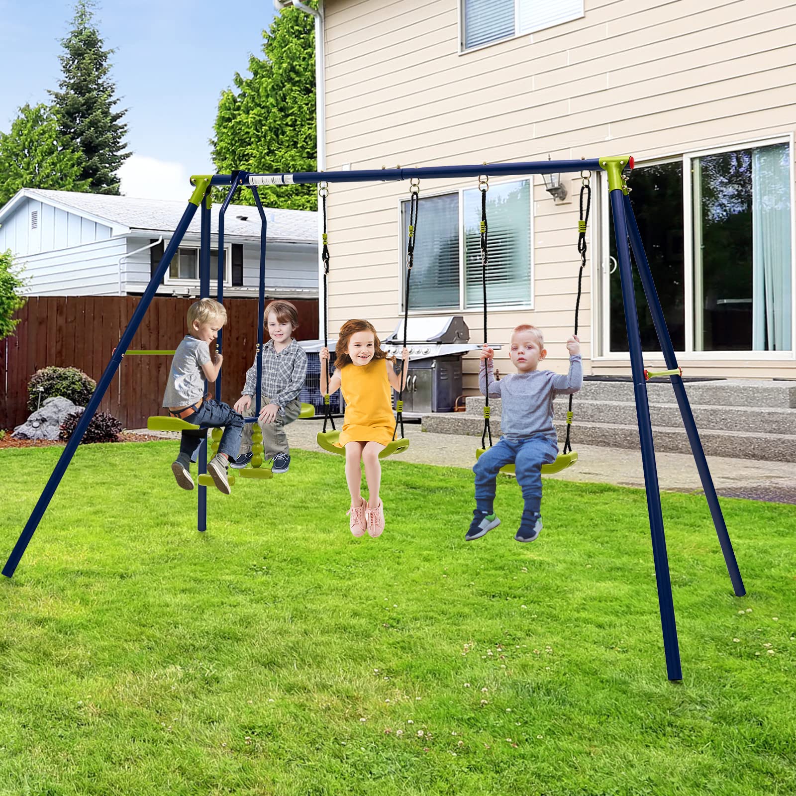 Costzon 440 lbs Heavy Duty 2-in-1 Metal Swing Set for Backyard - Extra Large Outdoor Playground Equipment with 2 Swings, Glider & Adjustable Hanging Ropes - Durable Kids Swing Stand for Gardens, Parks & Play Areas