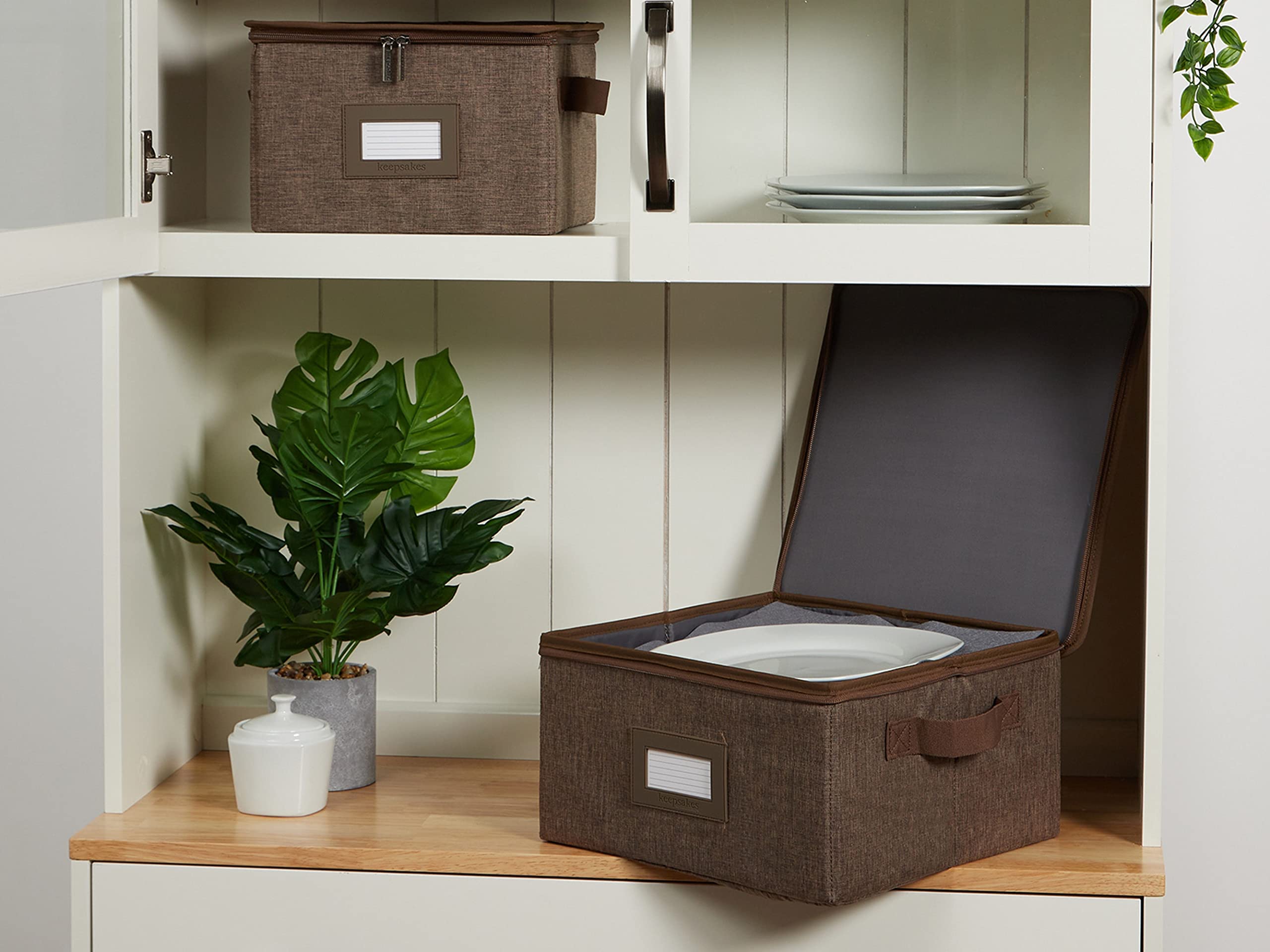 Covermates Keepsakes Dish Storage Box – Stackable Organizer with Reinforced Handles for China & Fine Dining Sets, Brown Heather | Perfect for Kitchen Organization, Holiday China Storage & Buffet Serving