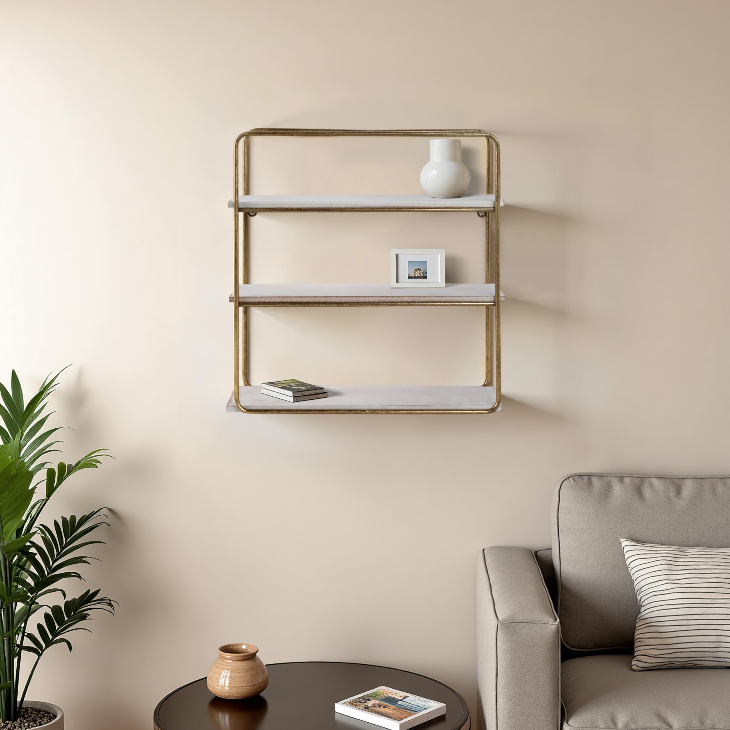 Sagebrook Home 3-Tier Wall Shelf - Gold Metal & Wood Floating Shelves for Living Room, Bathroom, Bedroom Decor - Modern Storage & Display Solution