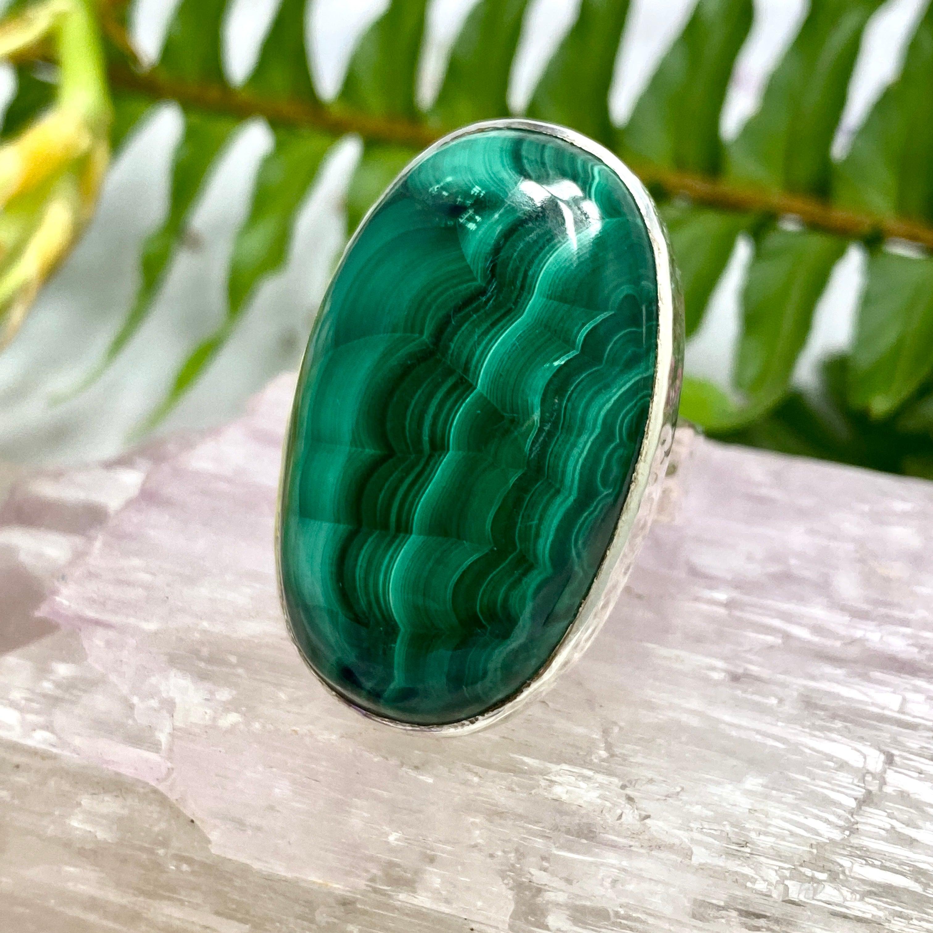 Malachite Oval Beaten Band Ring Size 8 - KRGJ2066 | Handmade Gemstone Jewelry for Women, Boho Chic Accessories, Gift for Her, Perfect for Weddings & Special Occasions
