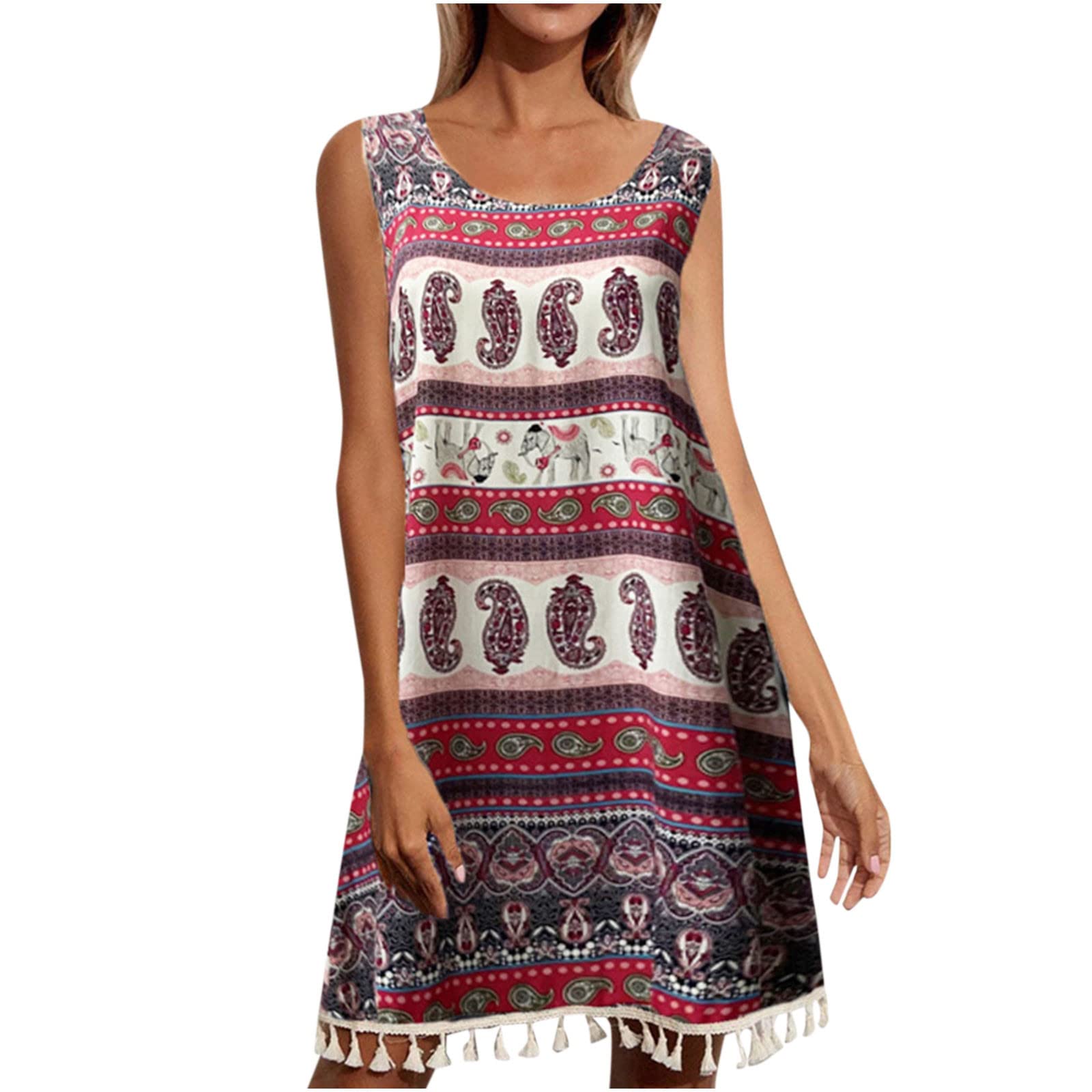 Women's Floral Print Sleeveless A-Line Summer Dress - Round Neck Knee Length Beach Dress with Tassel for Casual Wear, Vacation & Outdoor Activities