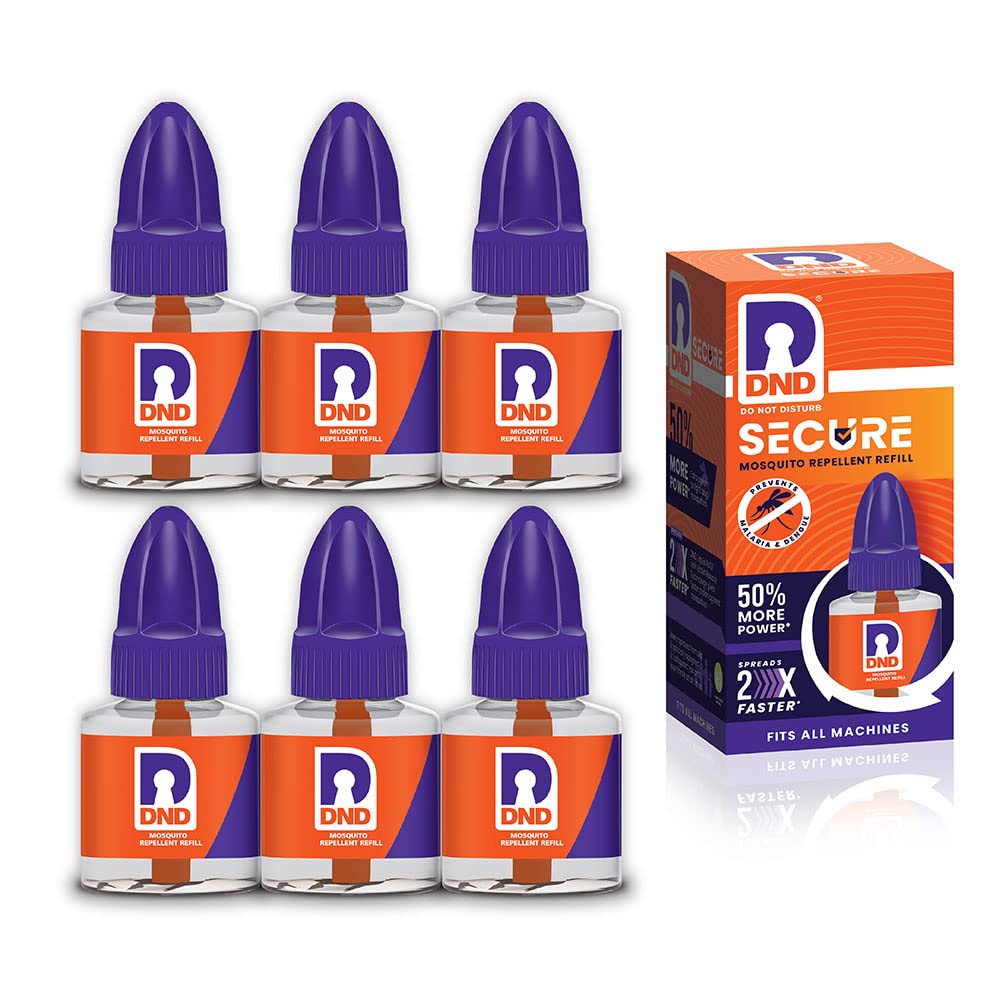Powerful DND Secure Mosquito Repellent Refill Liquid Vaporizer - 50% Extra Strength (Orange & Violet, 45ml x 6 Pack) | Long-Lasting Protection for Home, Bedroom, Office & Outdoor Use