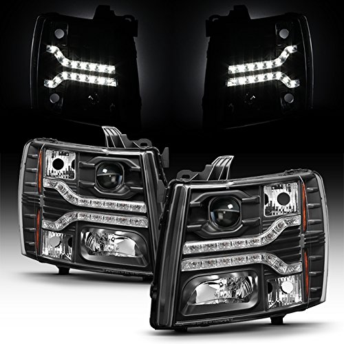 AKKON Dual LED DRL Black Housing Projector Headlights for Chevy Silverado Pickup Truck - Upgrade Your Night Driving & Off-Road Adventure Lighting