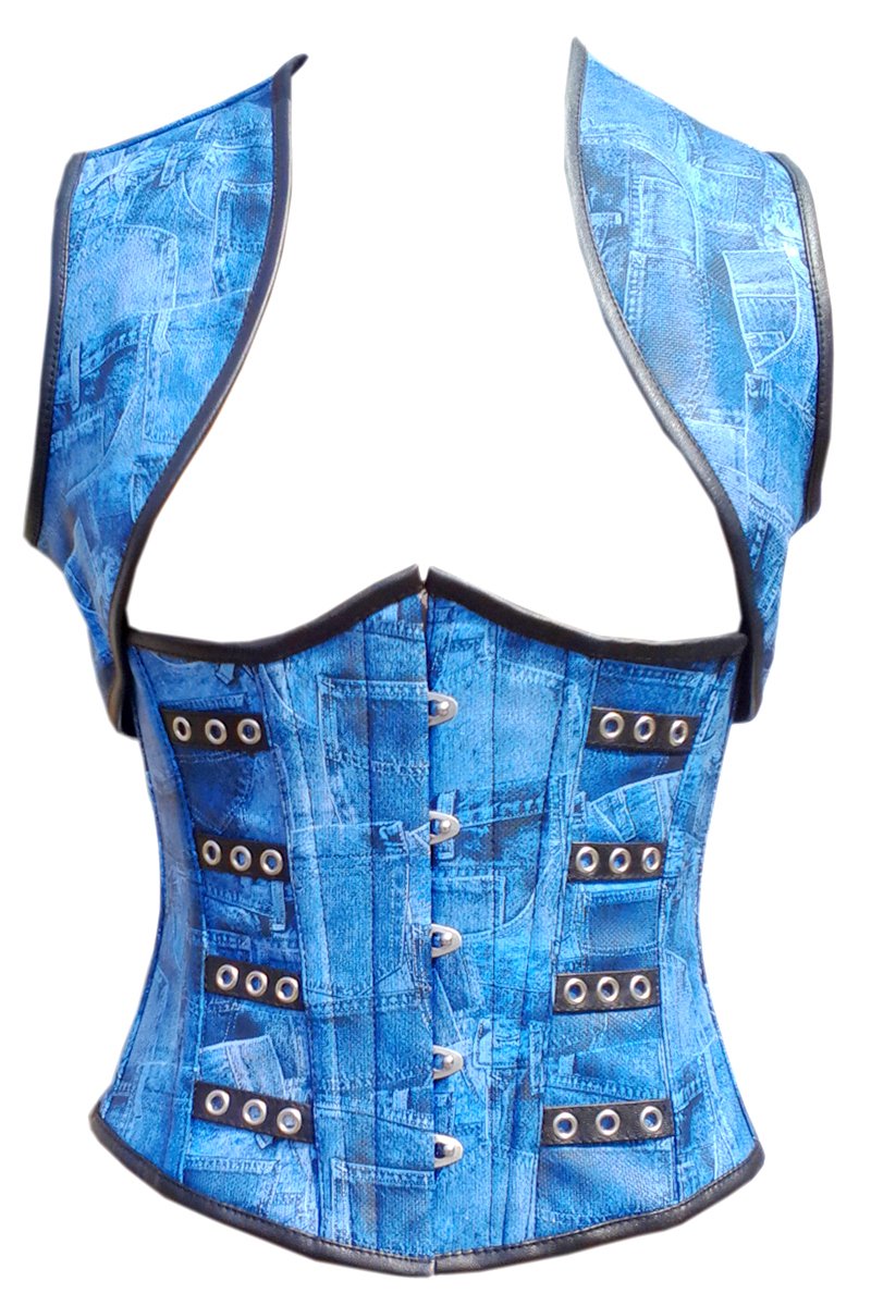 Blue Denim Print Faux Leather Steampunk Plus Size Underbust Corset & Shrug - Victorian Gothic Waist Trainer for Cosplay, Renaissance Fairs & Burlesque Performances