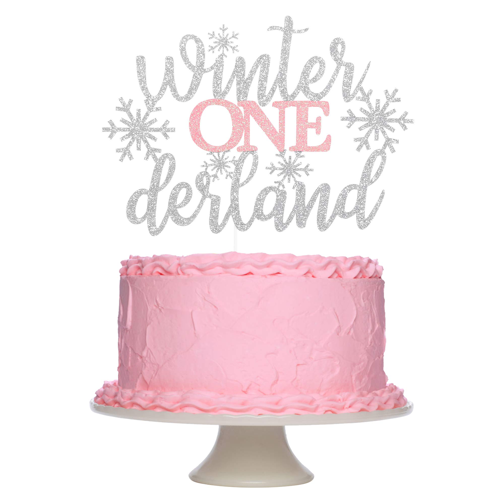 Silver & Pink Glitter Winter Onederland Cake Topper - 1st Birthday Cake Decorations for Winter Wonderland Theme Parties | Perfect for Baby's First Birthday, Gender Reveal & Holiday Celebrations