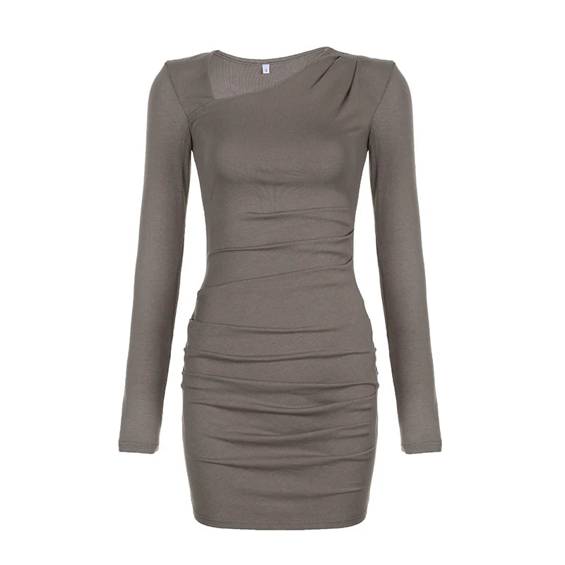 Asymmetrical Skinny Long Sleeve Autumn Dress for Women - Korean Fashion Fold Basic Casual Slim Draped Outfit - Perfect for Fall Outings, Office Wear & Date Nights