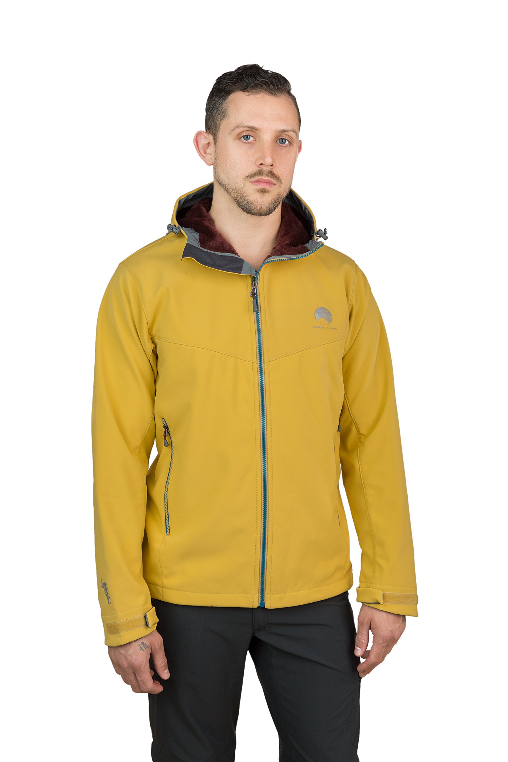 Qaras Men's Mustard Yellow Fleece-Lined Soft Shell Jacket - Waterproof, Windproof, High Loft - Large Size for Outdoor Hiking, Camping & Winter Activities