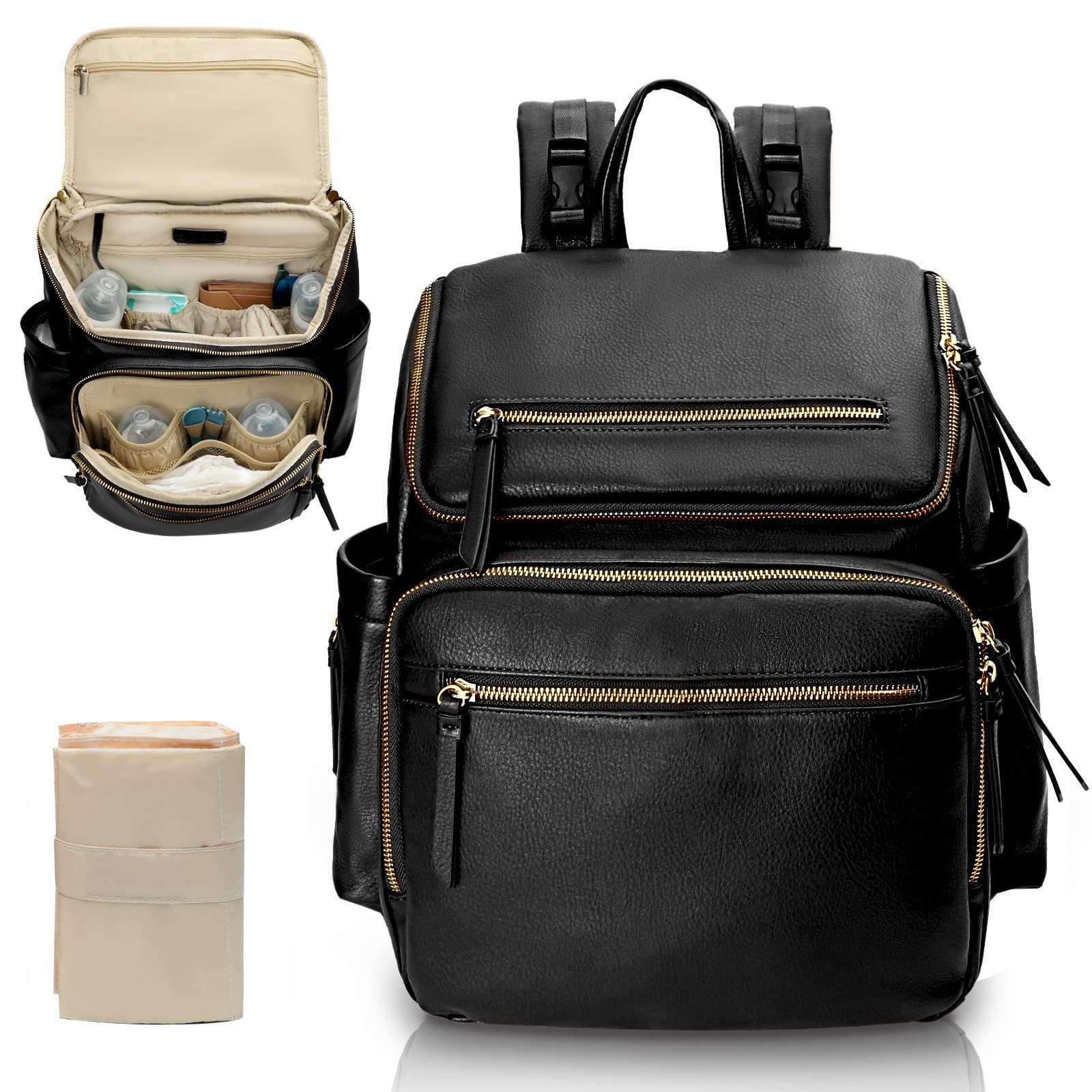 MISS FONG Multifunctional Baby Changing Backpack - Premium Leather Diaper Bag with 19 Pockets, Organizer, Changing Mat & Stroller Hook - Perfect for Travel, Outings & Parenting On-The-Go