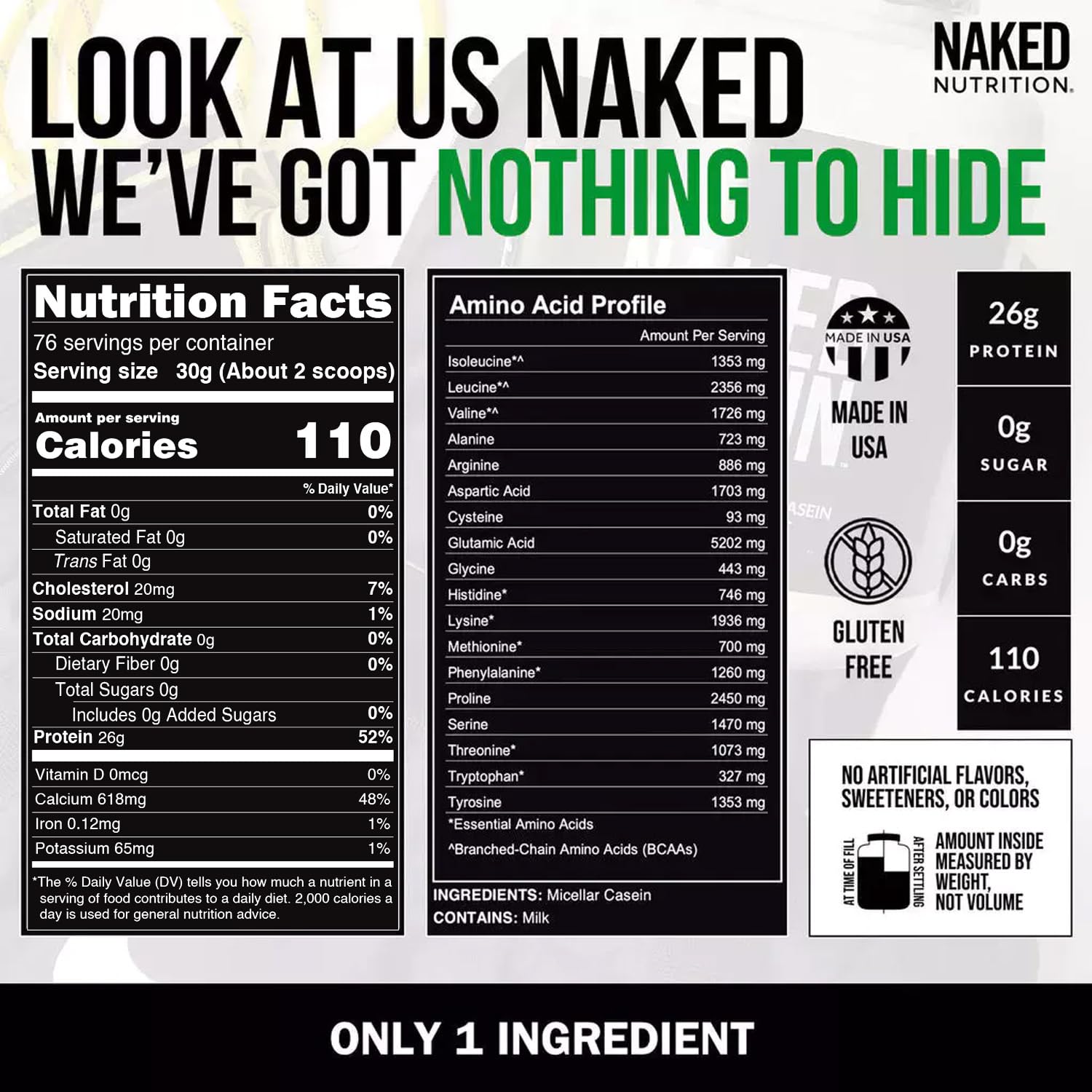 Naked Casein - 5Lb Micellar Casein Protein Powder for Muscle Growth & Recovery | GMO-Free, Gluten-Free, Soy-Free, Preservative-Free | 76 Servings | Ideal for Post-Workout, Bedtime & Meal Replacement