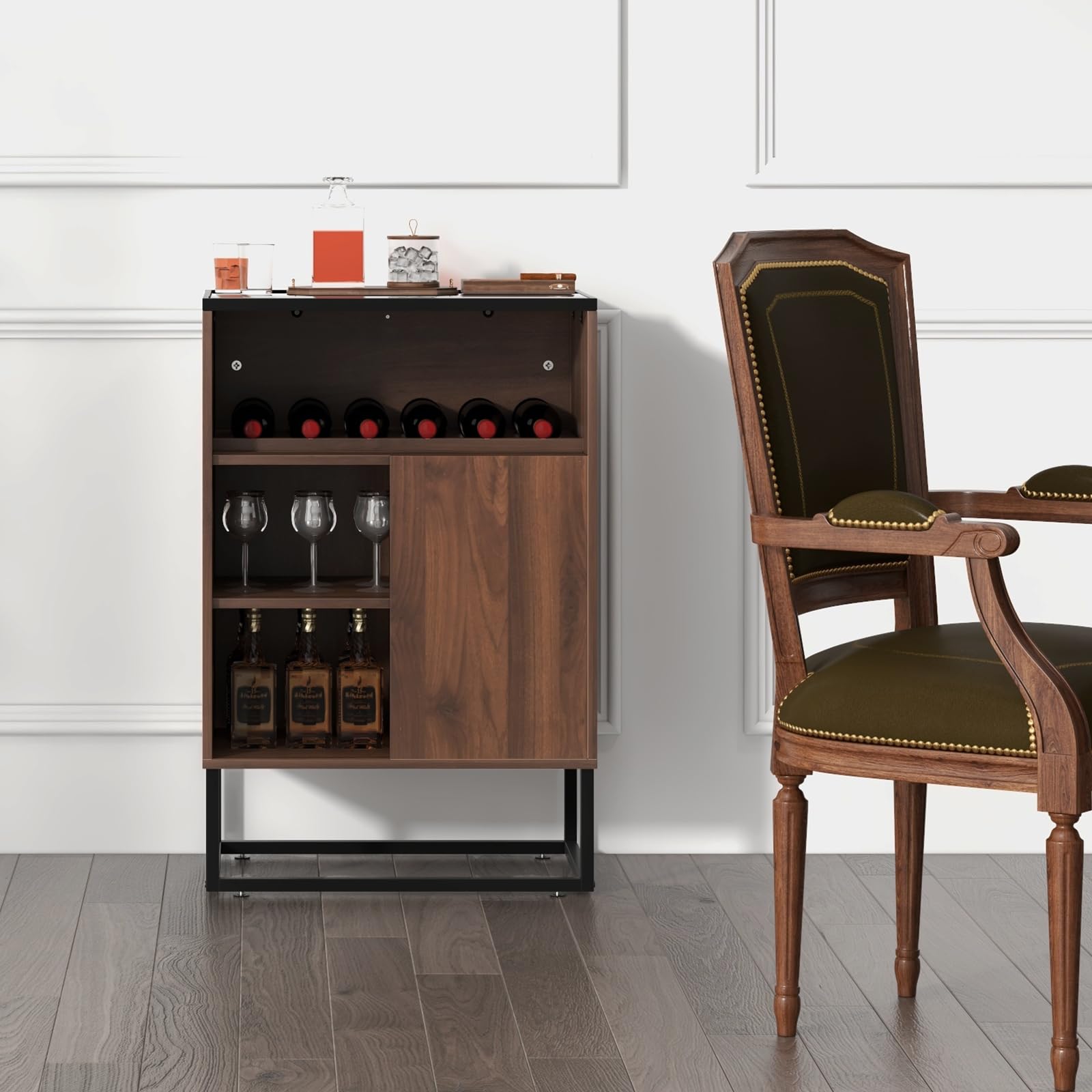 Giantex Wine Bar Cabinet with Tempered Glass Top - Freestanding Sideboard Buffet with Adjustable Feet, Shelf & Sliding Door - Perfect for Living Room, Dining Room, Kitchen & Home Bar Storage
