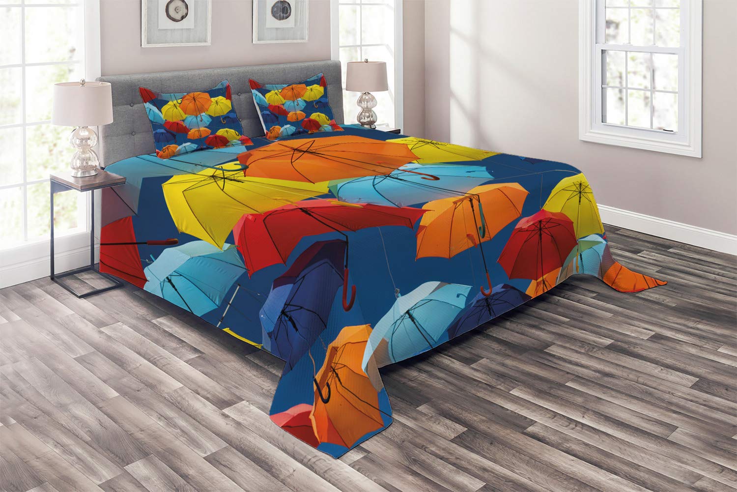 Ambesonne Colorful Umbrella Print Quilted Bedspread Set - 3 Piece King Size Coverlet with 2 Pillow Shams, Traditional Portugal European Design, Multicolor | Perfect for Guest Bedrooms, Master Suites & Bohemian Home Decor