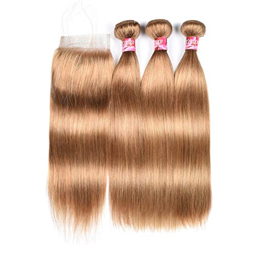 XCCOCO Honey Blonde 3 Bundles Peruvian Silk Straight Human Hair with 4x4 Lace Closure - 8A Virgin Remy Hair Extensions in 27# Pure Blonde (12/14/16inch + 10inch Closure) for Styling, Volume & Length - Perfect for Parties, Weddings & Daily Wear