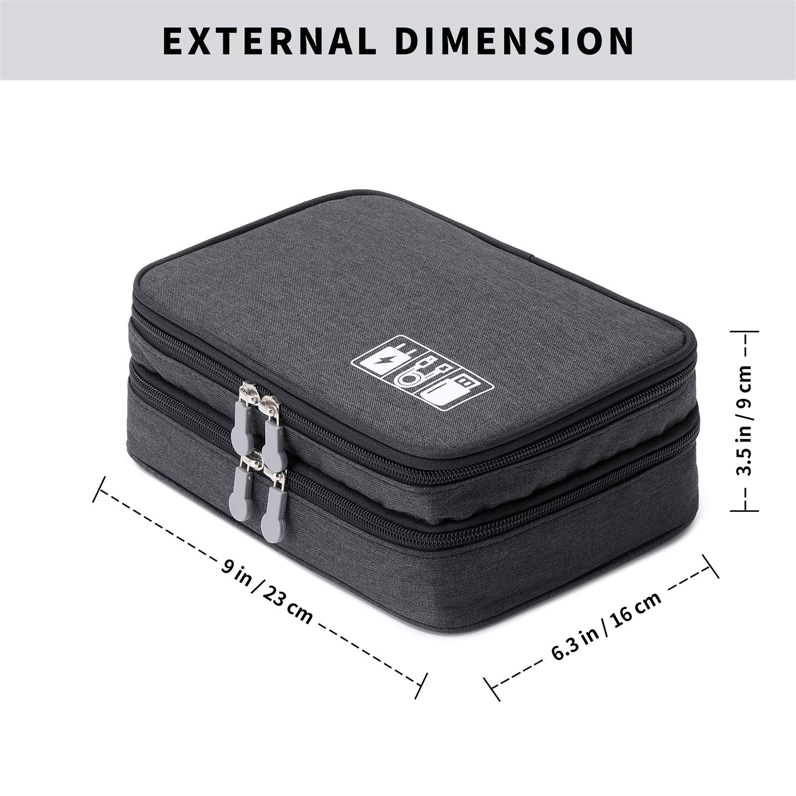 Waterproof Electronic Accessories Travel Organizer - Double Layer Cable Storage Bag for Chargers, Cords, Flash Drives, Phones, iPad Mini & SD Cards | Perfect for Business Trips, Vacation Packing & Tech Organization | Great Gift for Men (Black)