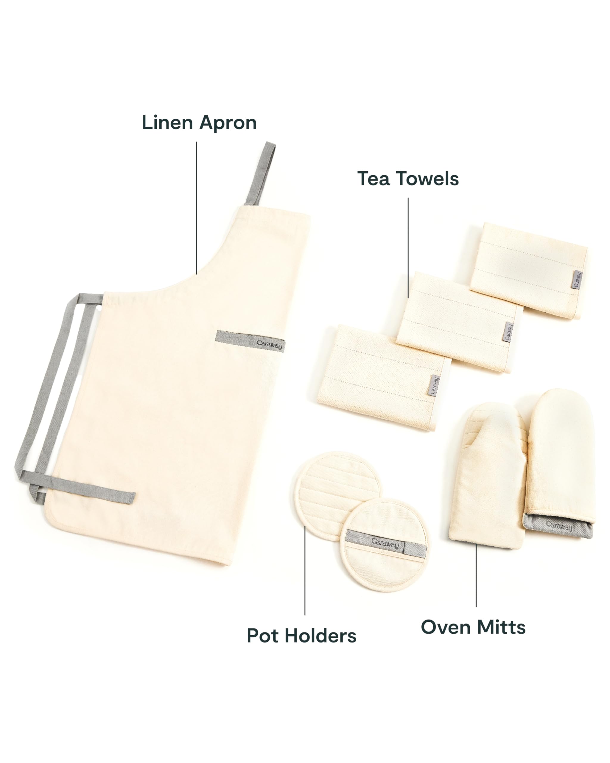 Organic Cotton Caraway Linen Set - Apron, Pot Holders, Oven Mitts & Tea Towels - 100% Natural Fabric - Durable & Machine Washable - Perfect for Cooking, Baking & Kitchen Decor