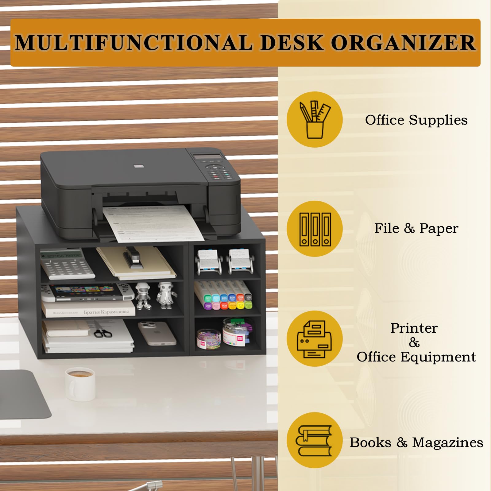22.5x11.8 Inch Wooden Printer Stand with 6 Storage Compartments | Large Desktop Organizer Shelf for Home & Office | Perfect for Printer Riser, Paper & File Organization (Black)