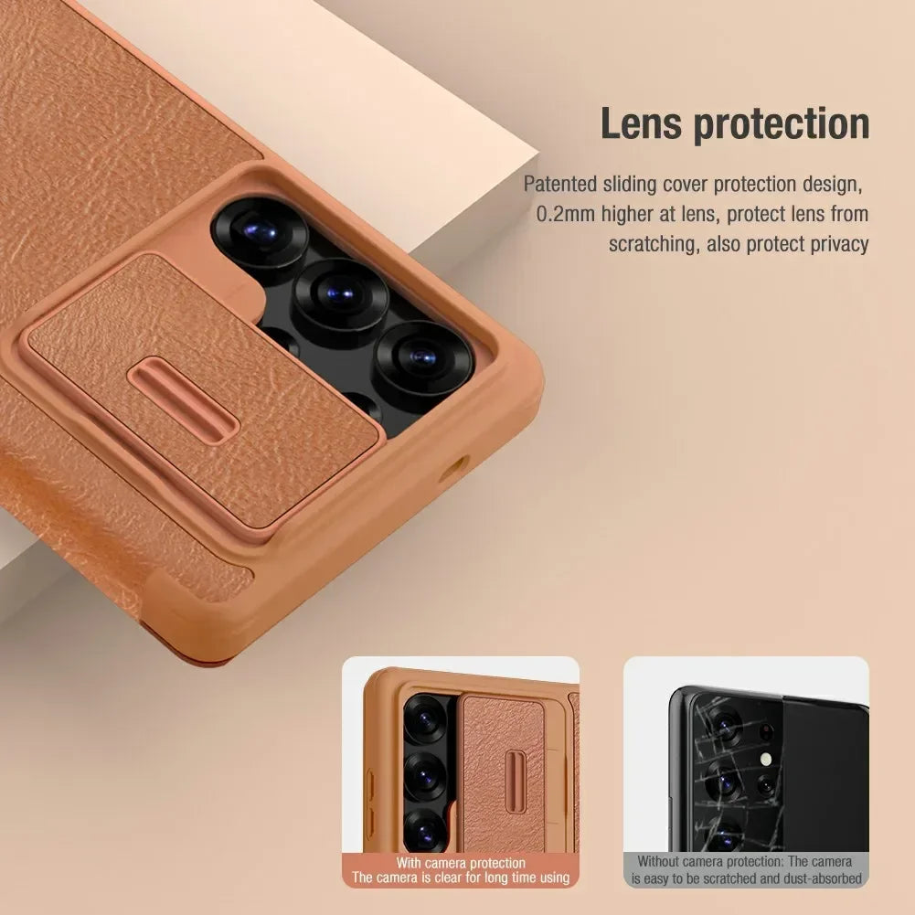 NILLKIN Genuine Leather Lens Cover Case for Samsung Galaxy S25 Ultra - Premium Protection for Camera & Phone | Perfect for Travel, Business & Everyday Use
