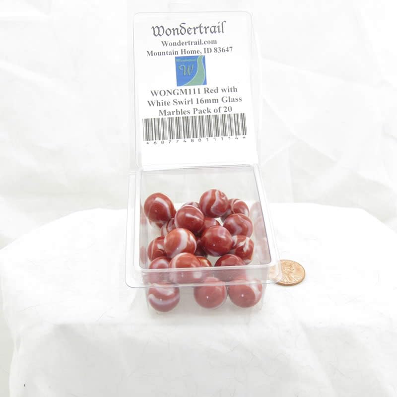 20-Pack 16mm Red with White Swirl Glass Marbles for Home Decor, Vase Fillers, DIY Crafts & Kids Games - WONGM111