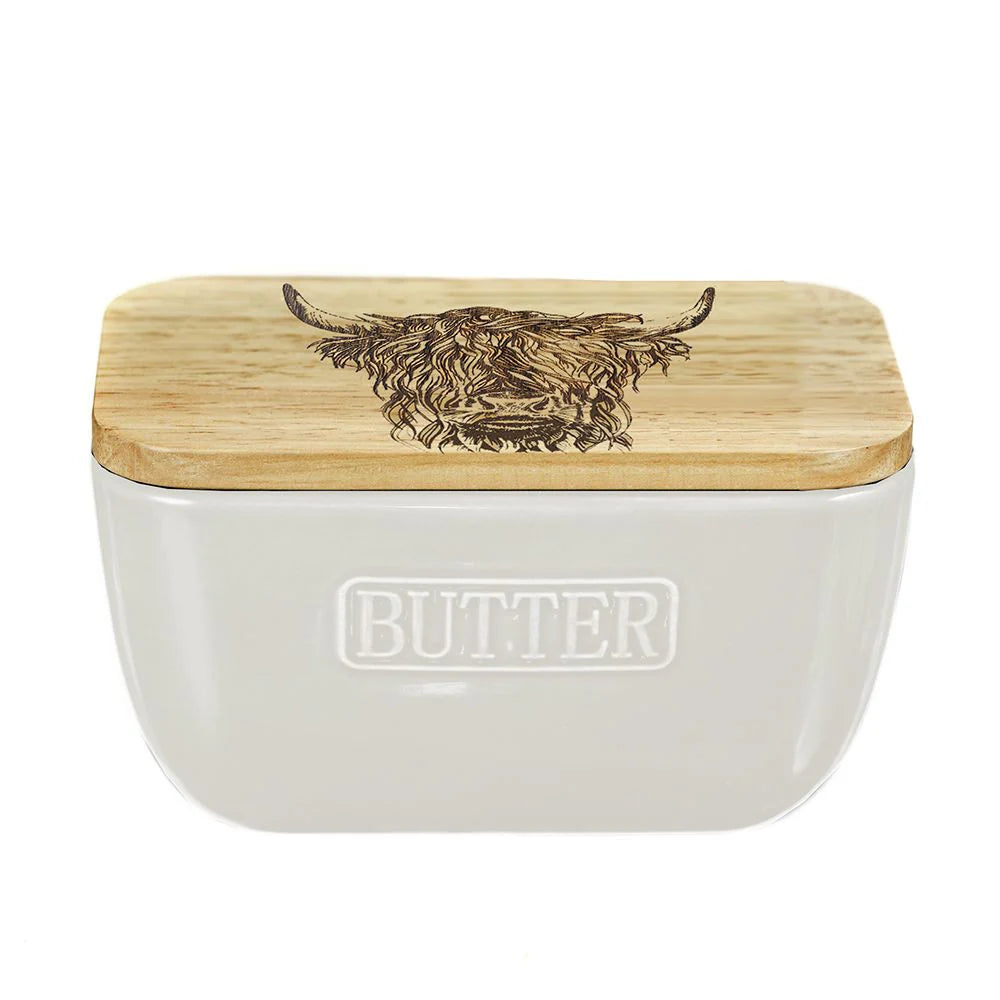 Ceramic and Oak Butter Dish with Lid - Elegant Ivory Butter Keeper for Dining Table, Kitchen Counter, or Gift Giving - Perfect for Butter Storage and Serving