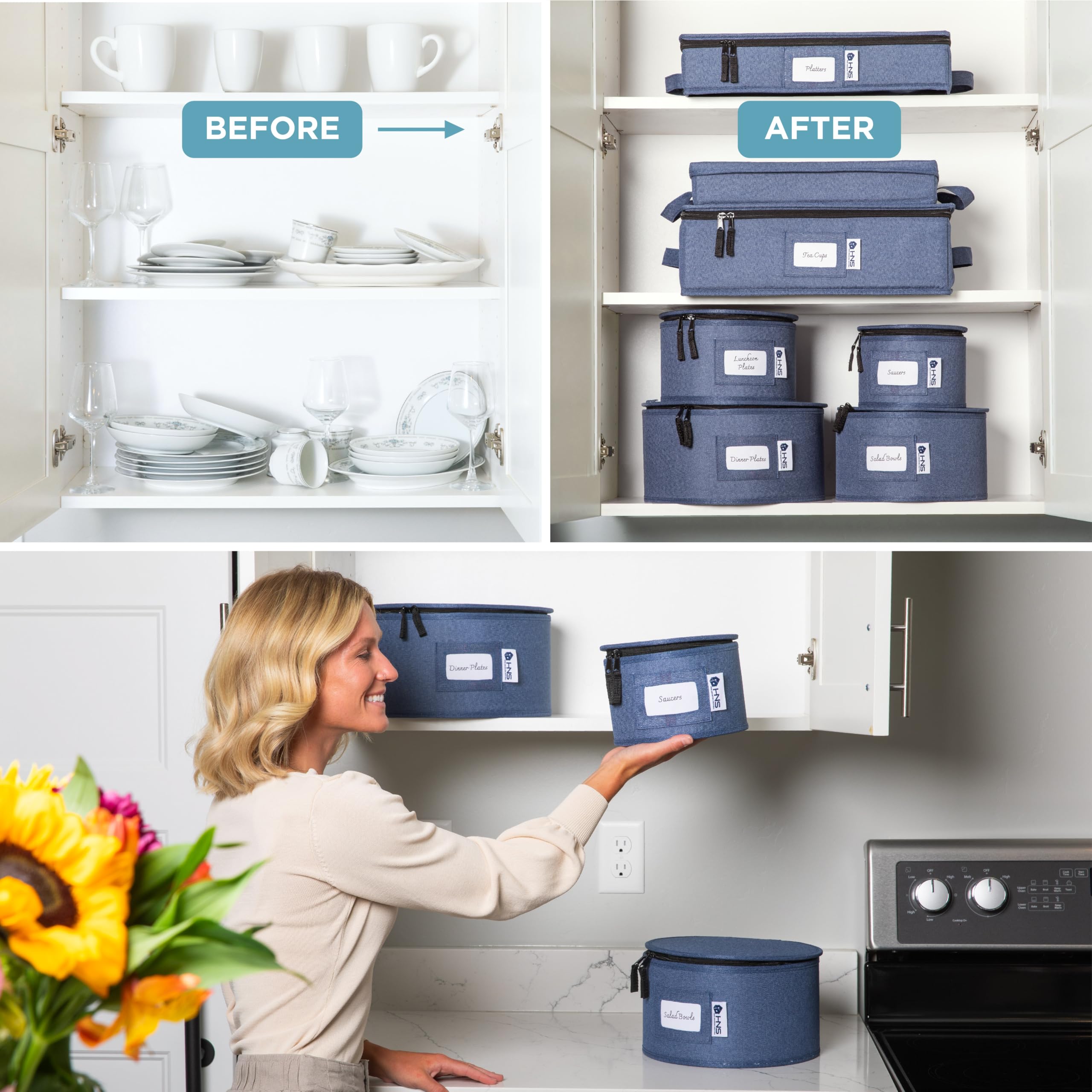 8-Piece Hard Shell Storage Container Set - Durable Moving Boxes for Dinnerware, Glasses, Plates & Mugs with Dividers | Dish Organizer for Seasonal Storage (Serves 12) | Denim Blue | Perfect for Kitchen Organization, Moving Homes & Holiday Dish Storage