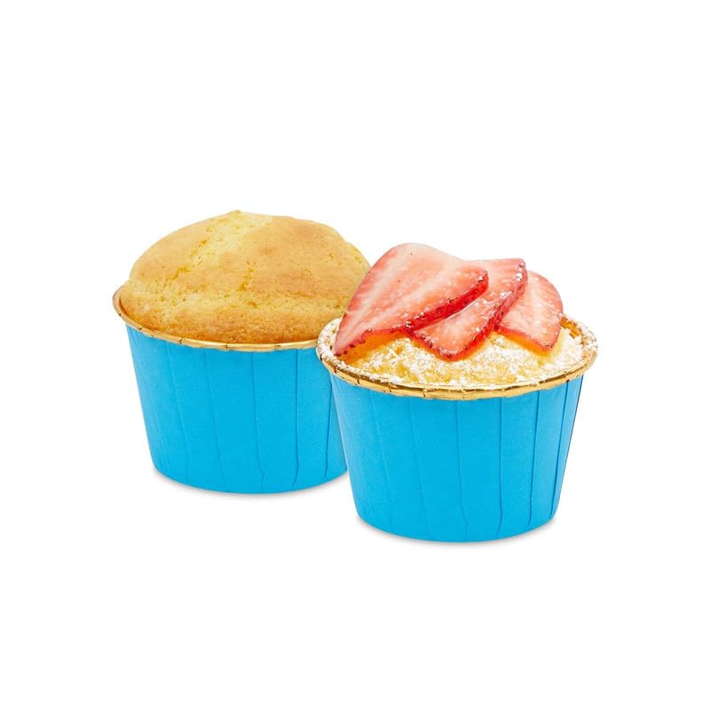 Premium Expandable Muffin Cupcake Liners - Blue Exterior & Gold Interior, Medium Size (50-Pack) | Perfect for Baking, Party Decorations & Gift Packaging