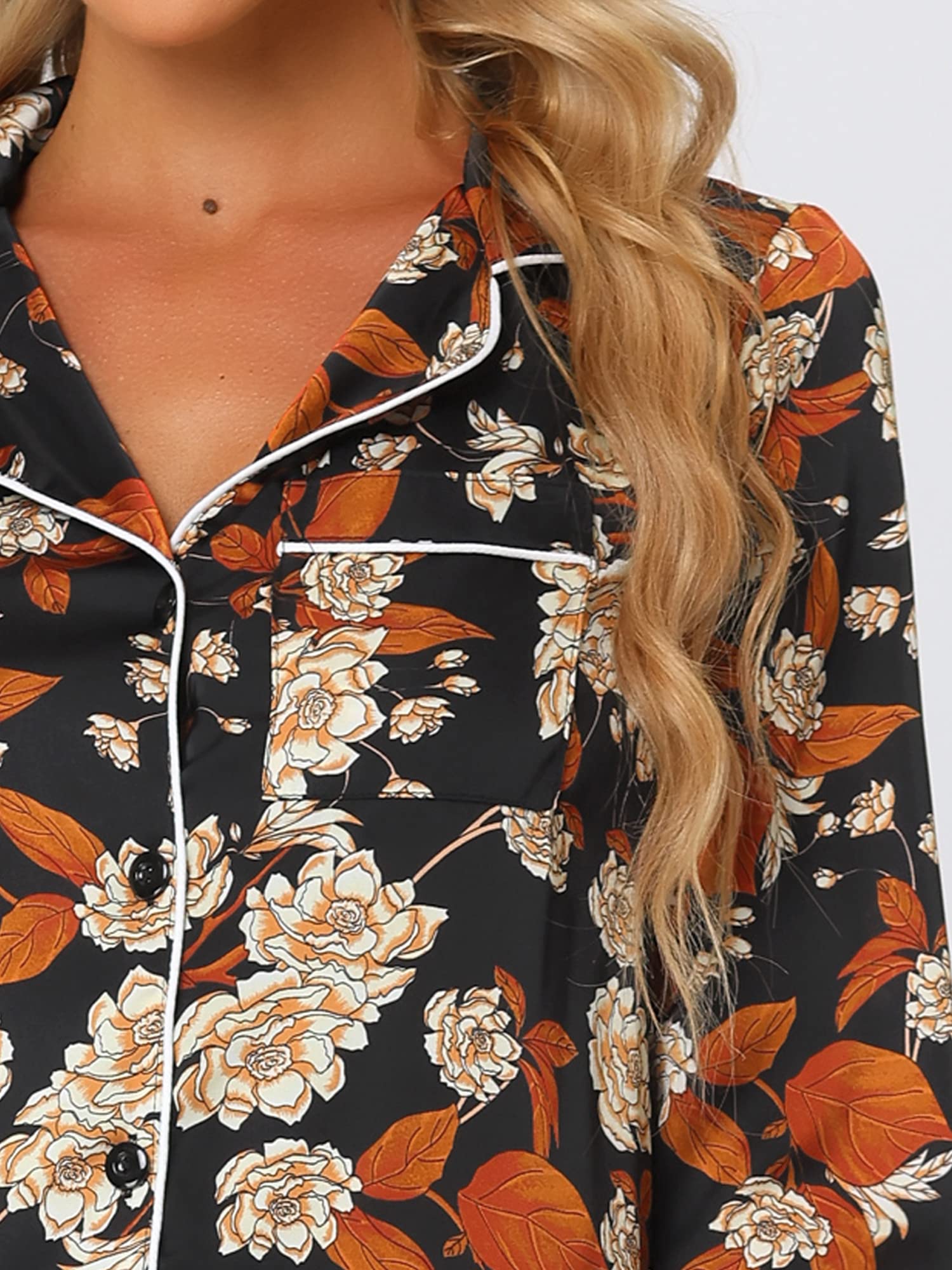 Cheibear Women's Satin Pajama Set - Long Sleeve Button Down Top & Pants Floral Print Sleepwear - Cozy Lounge Wear for Relaxing at Home or Travel