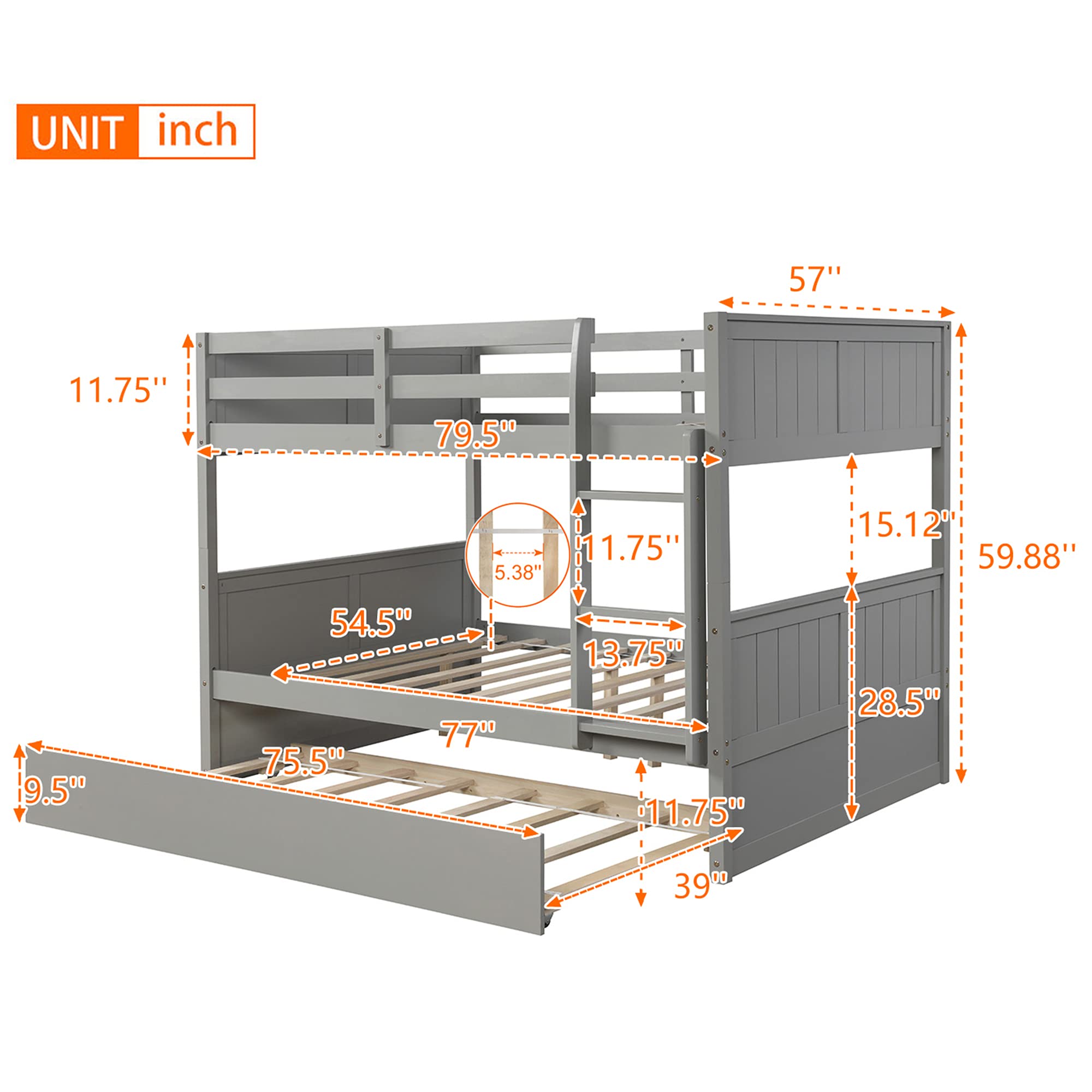 P PURLOVE Full Over Full Bunk Bed with Twin Trundle - Sturdy Wood Bunk Bed Frame with Ladder & Safety Rails - Space-Saving Bunk Beds for Teens & Kids - No Box Spring Required (Gray) - Perfect for Small Bedrooms, Guest Rooms & Vacation Homes