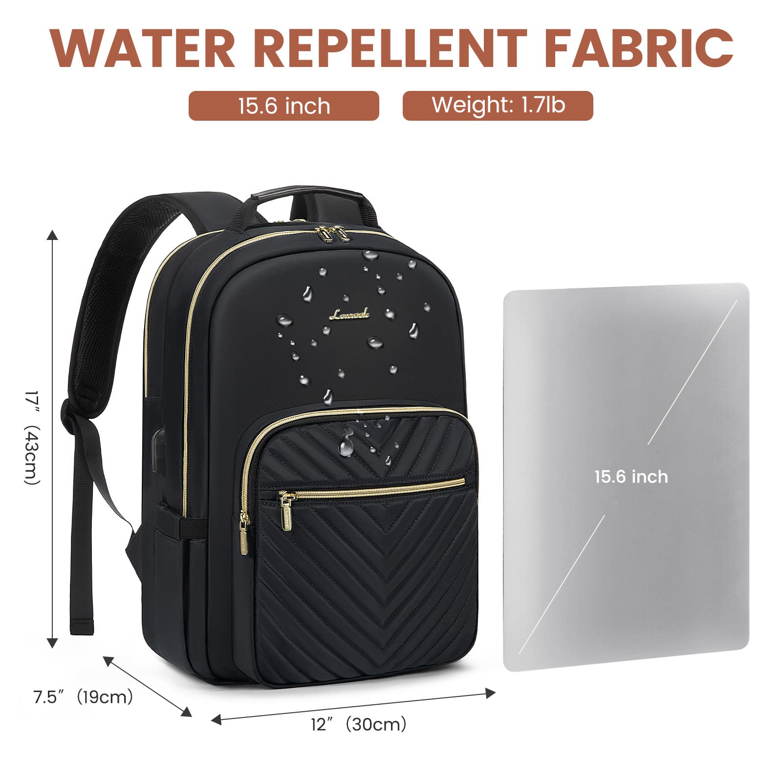 LOVEVOOK 15.6 Inch Women's Laptop Backpack - Stylish Waterproof Travel Purse & Professional Computer Bag for Work, Business, College, and Teacher Use with USB Port, Black - Perfect for Commuting, Office, and School